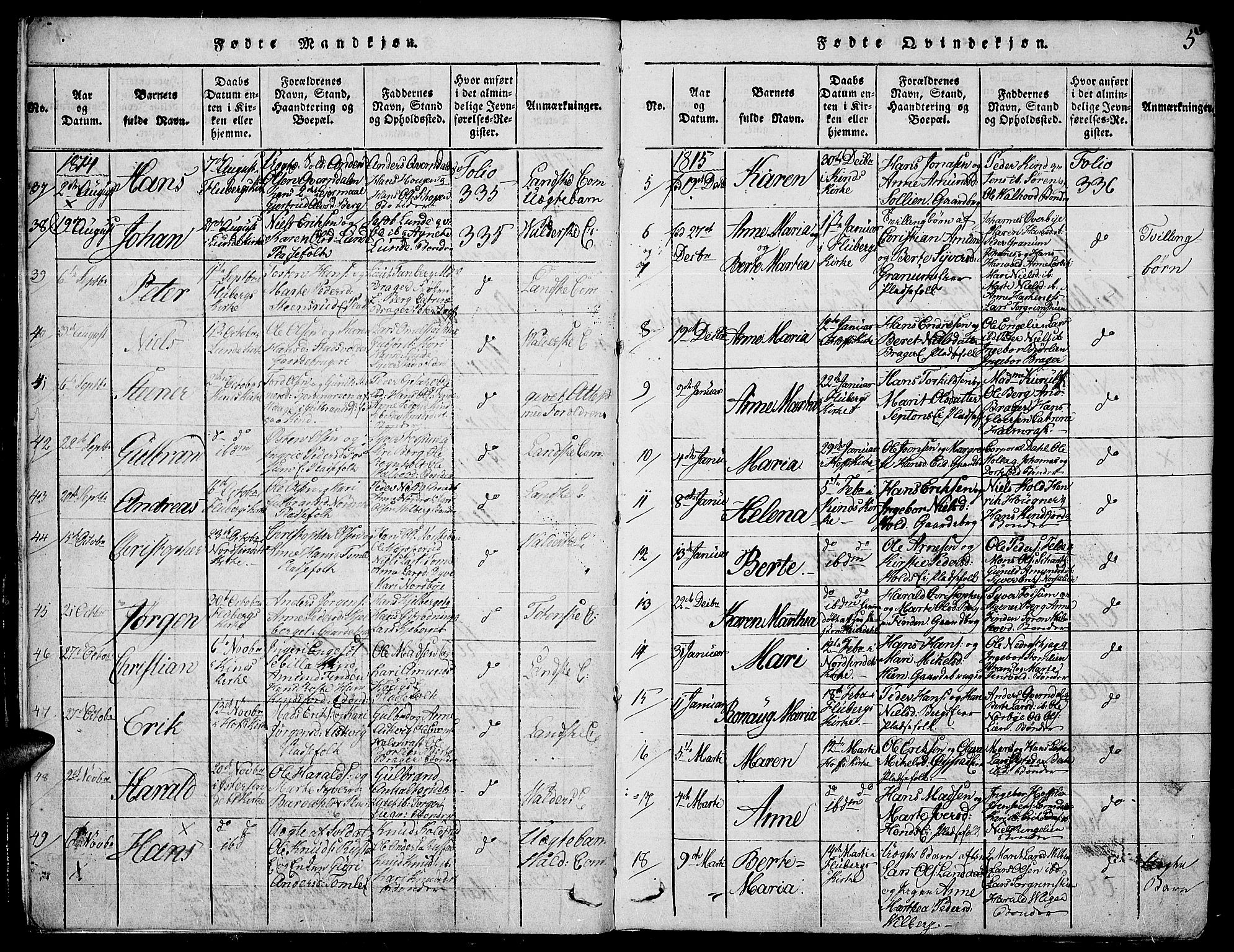 Land prestekontor, SAH/PREST-120/H/Ha/Haa/L0007: Parish register (official) no. 7, 1814-1830, p. 5