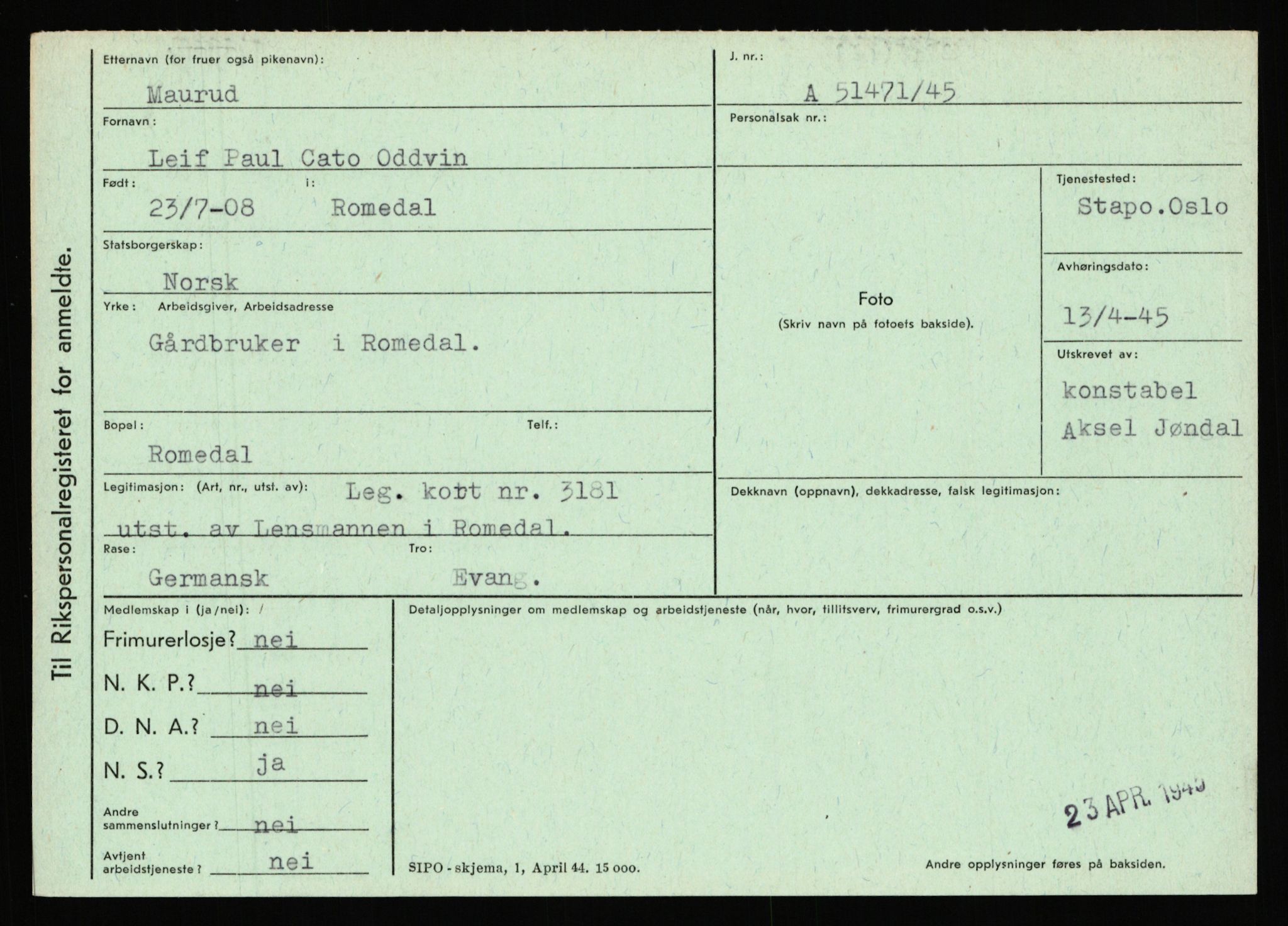 Statspolitiet - Hovedkontoret / Osloavdelingen, AV/RA-S-1329/C/Ca/L0010: Lind - Moksnes, 1943-1945, p. 3475