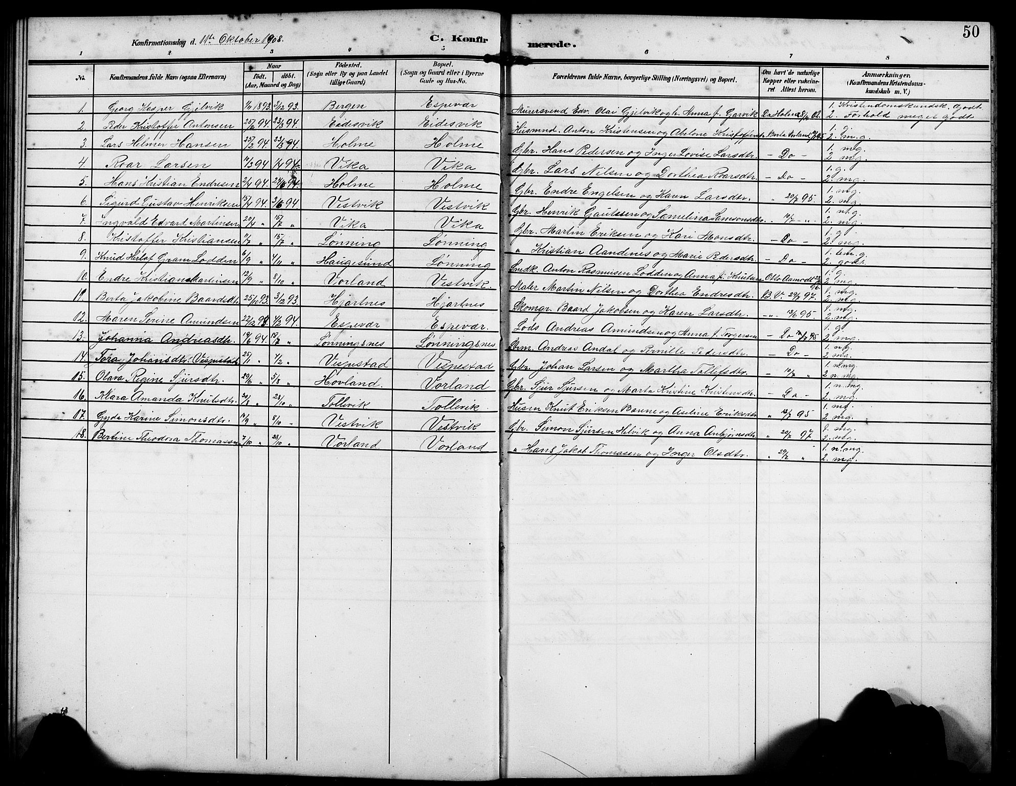 Finnås sokneprestembete, AV/SAB-A-99925/H/Ha/Hab/Habc/L0003: Parish register (copy) no. C 3, 1907-1917, p. 50