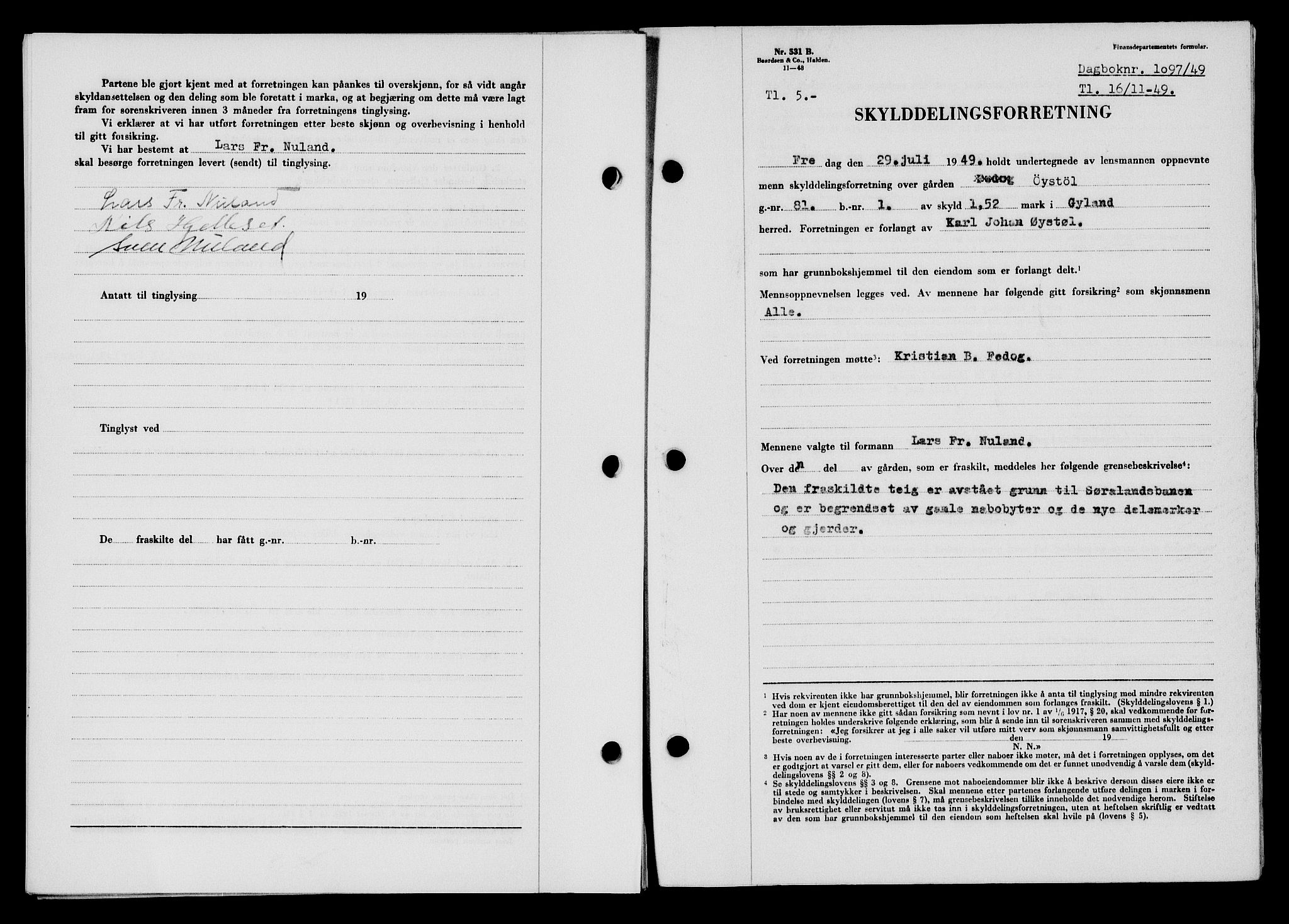 Flekkefjord sorenskriveri, SAK/1221-0001/G/Gb/Gba/L0065: Mortgage book no. A-13, 1949-1949, Diary no: : 1097/1949