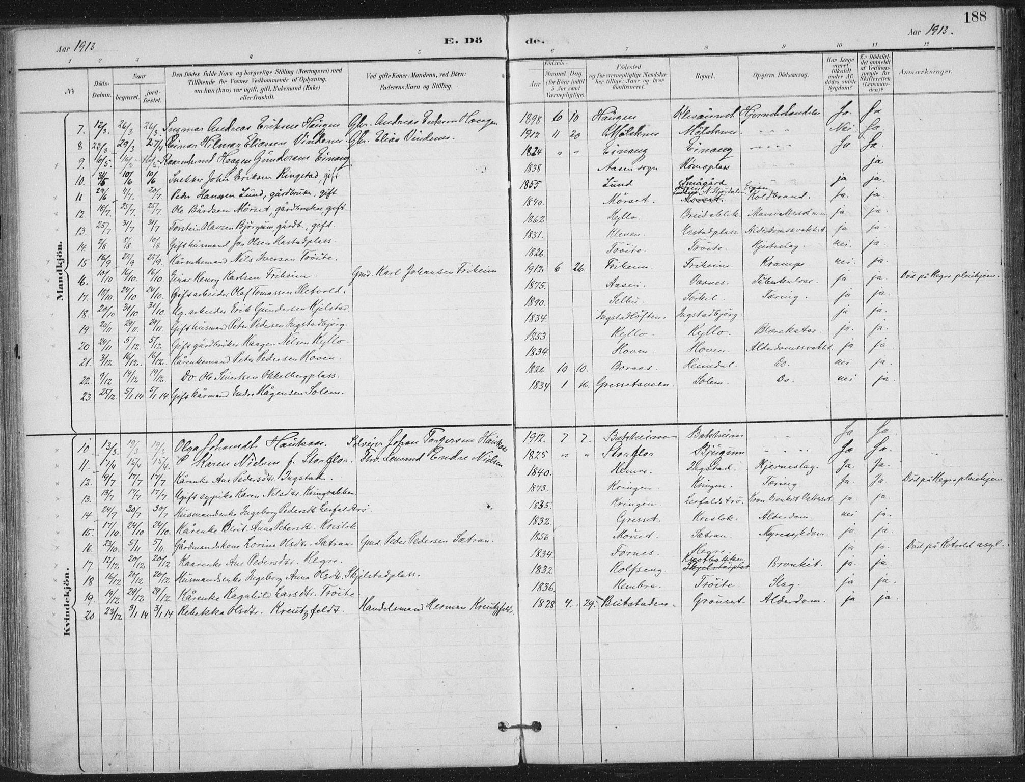 Ministerialprotokoller, klokkerbøker og fødselsregistre - Nord-Trøndelag, SAT/A-1458/703/L0031: Parish register (official) no. 703A04, 1893-1914, p. 188