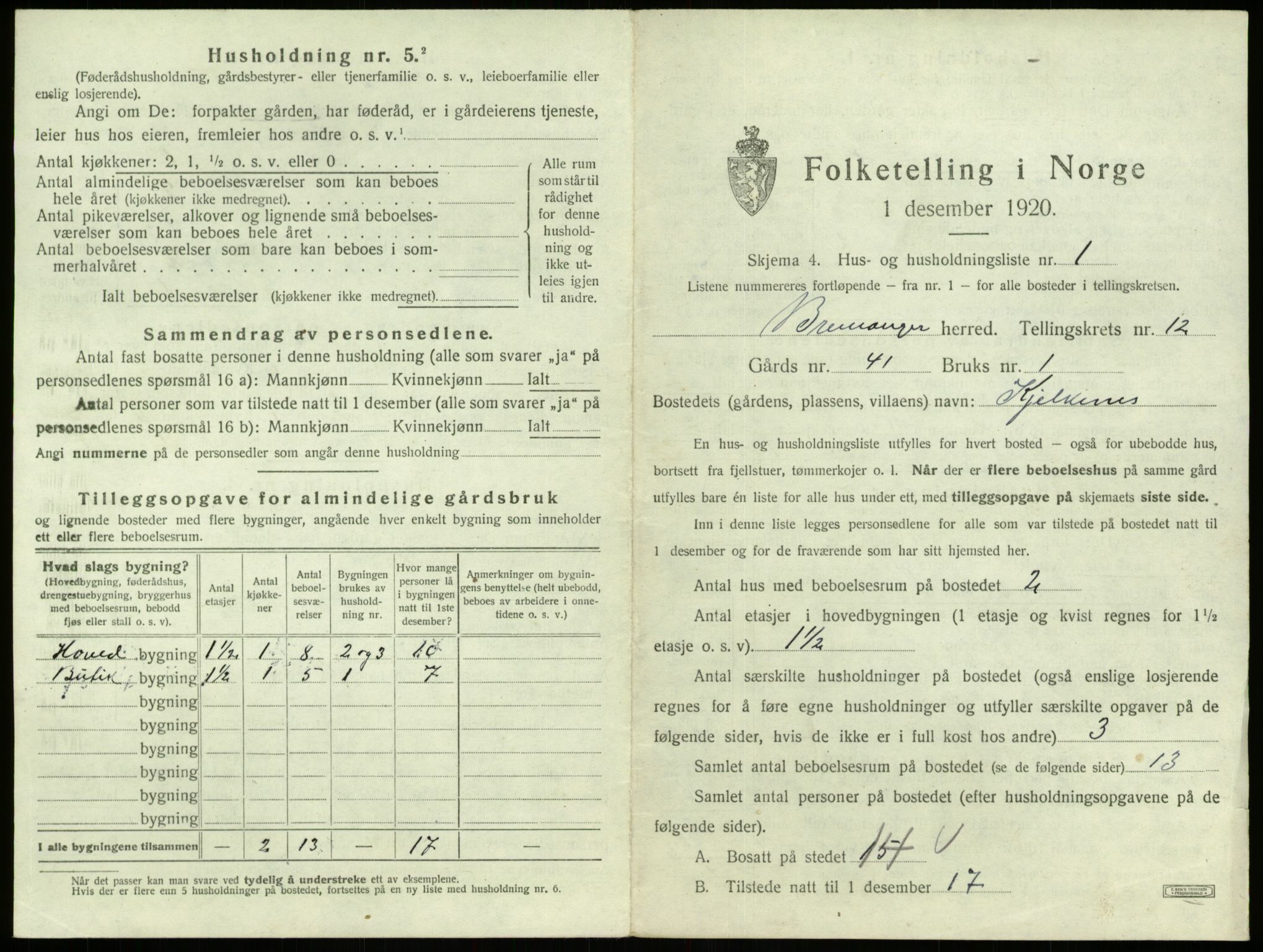 SAB, 1920 census for Bremanger, 1920, p. 854