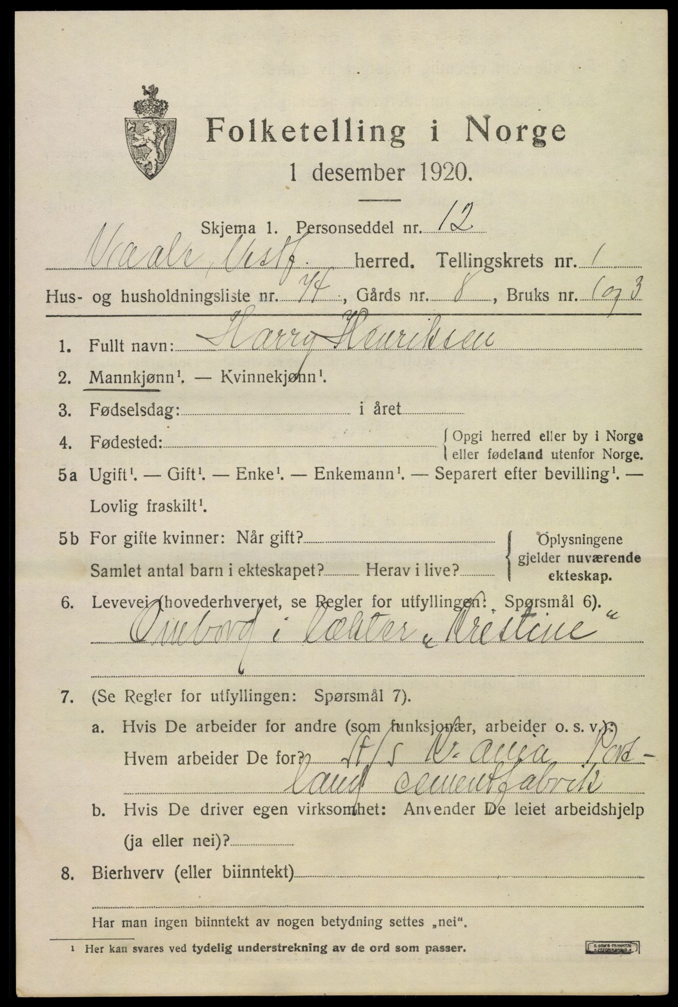 SAKO, 1920 census for Våle, 1920, p. 1896