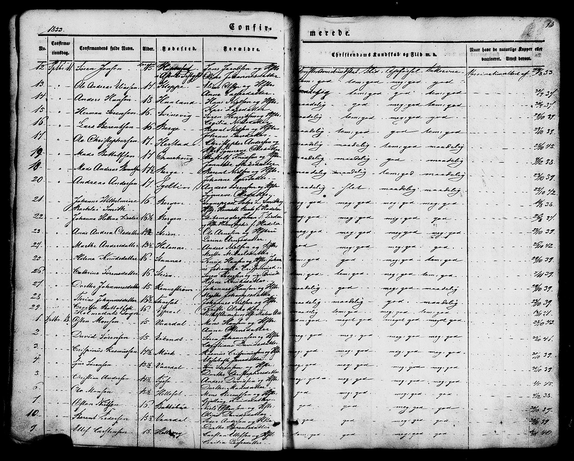 Fjaler sokneprestembete, SAB/A-79801/H/Haa/Haaa/L0008: Parish register (official) no. A 8, 1850-1886, p. 13
