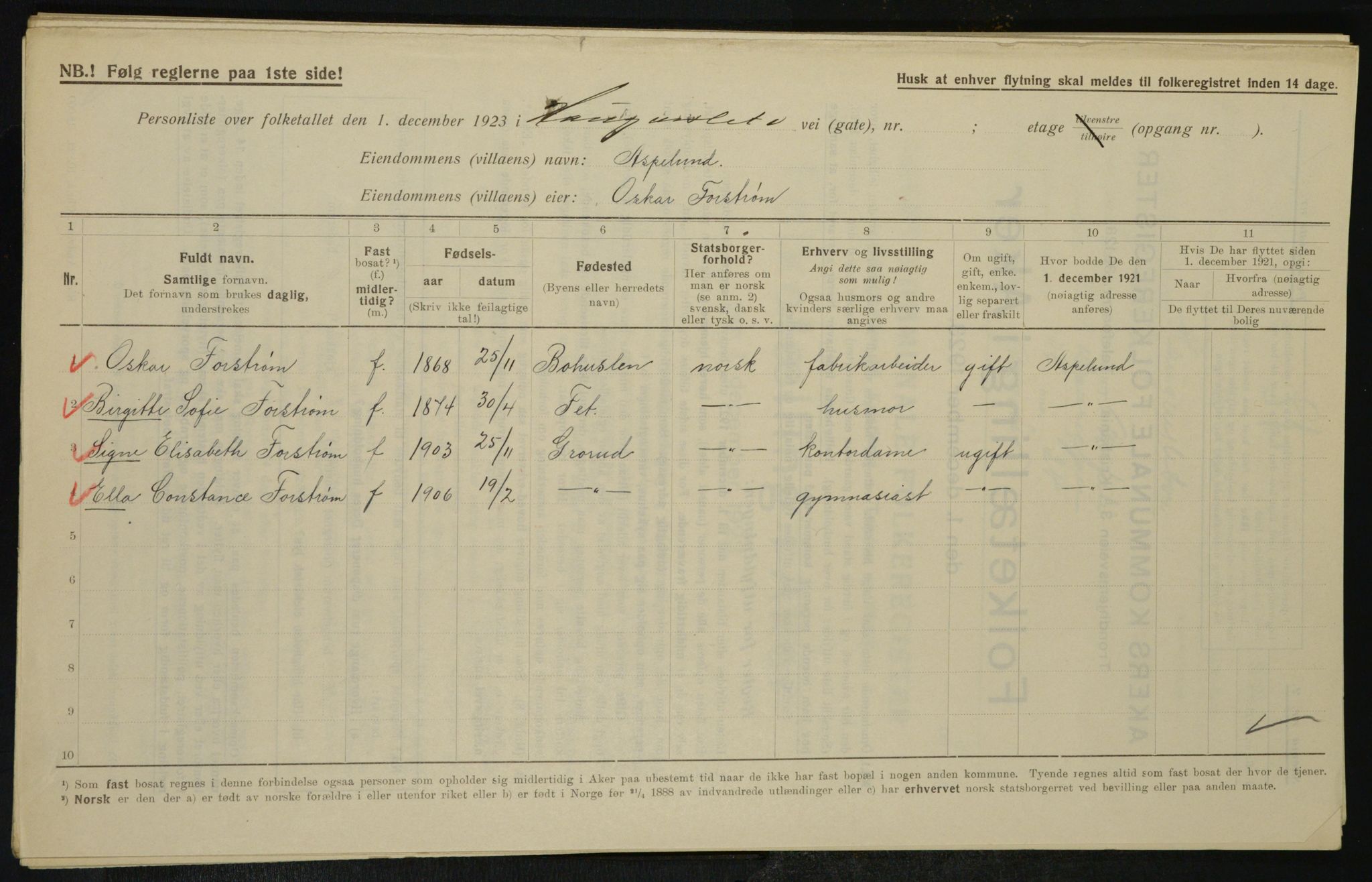 , Municipal Census 1923 for Aker, 1923, p. 25574