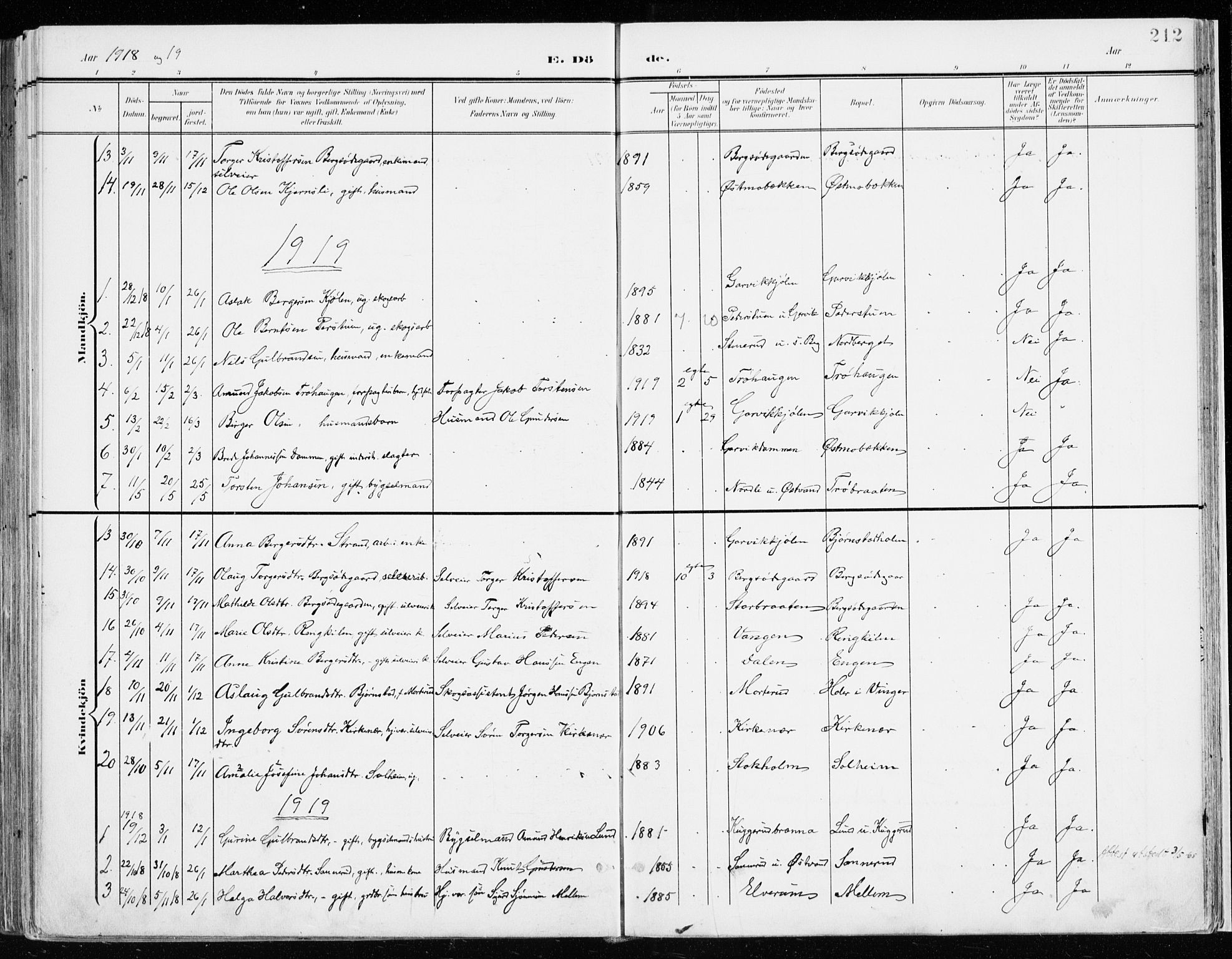 Nord-Odal prestekontor, SAH/PREST-032/H/Ha/Haa/L0009: Parish register (official) no. 9, 1902-1926, p. 212