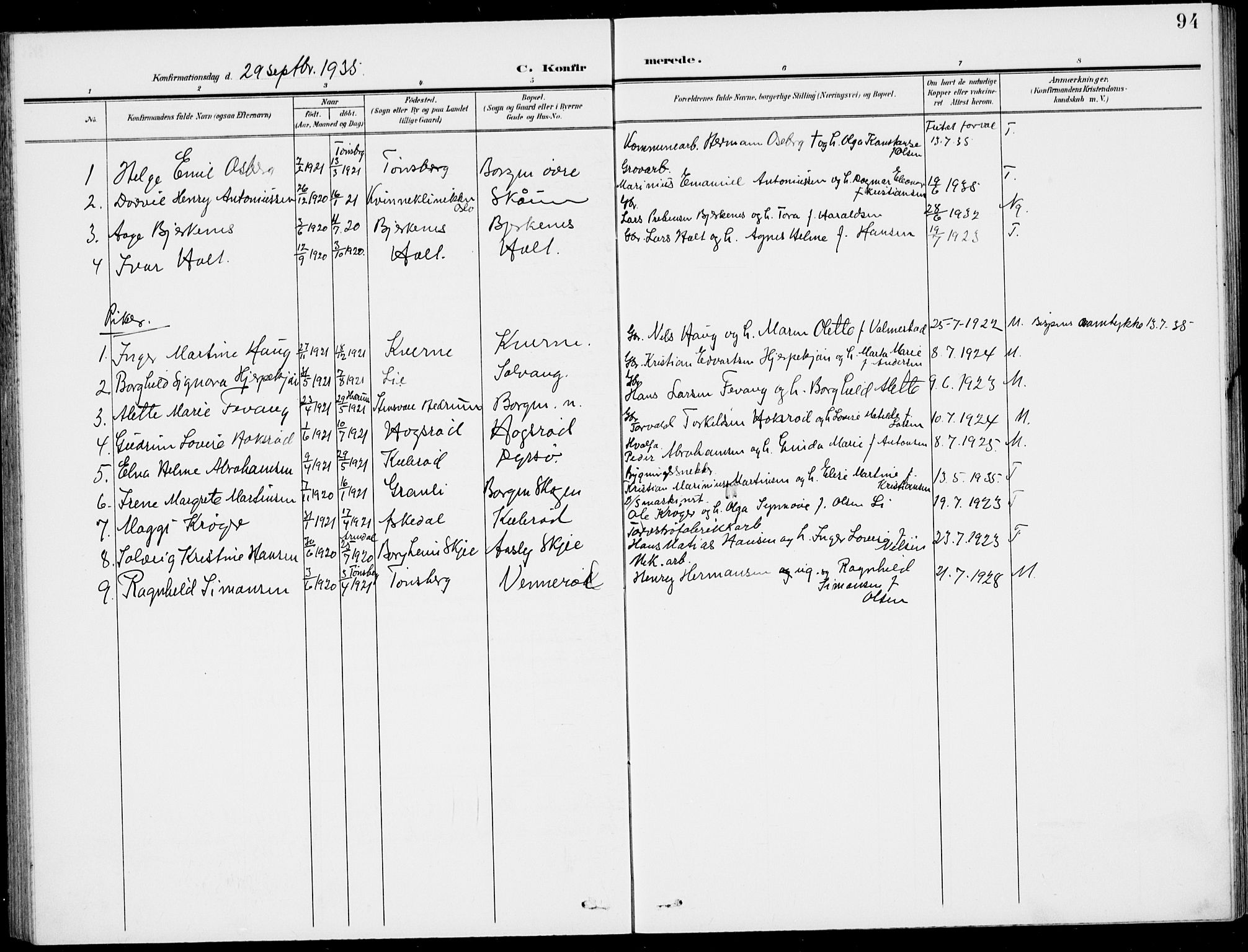 Stokke kirkebøker, AV/SAKO-A-320/G/Gc/L0001: Parish register (copy) no. III 1, 1904-1935, p. 94