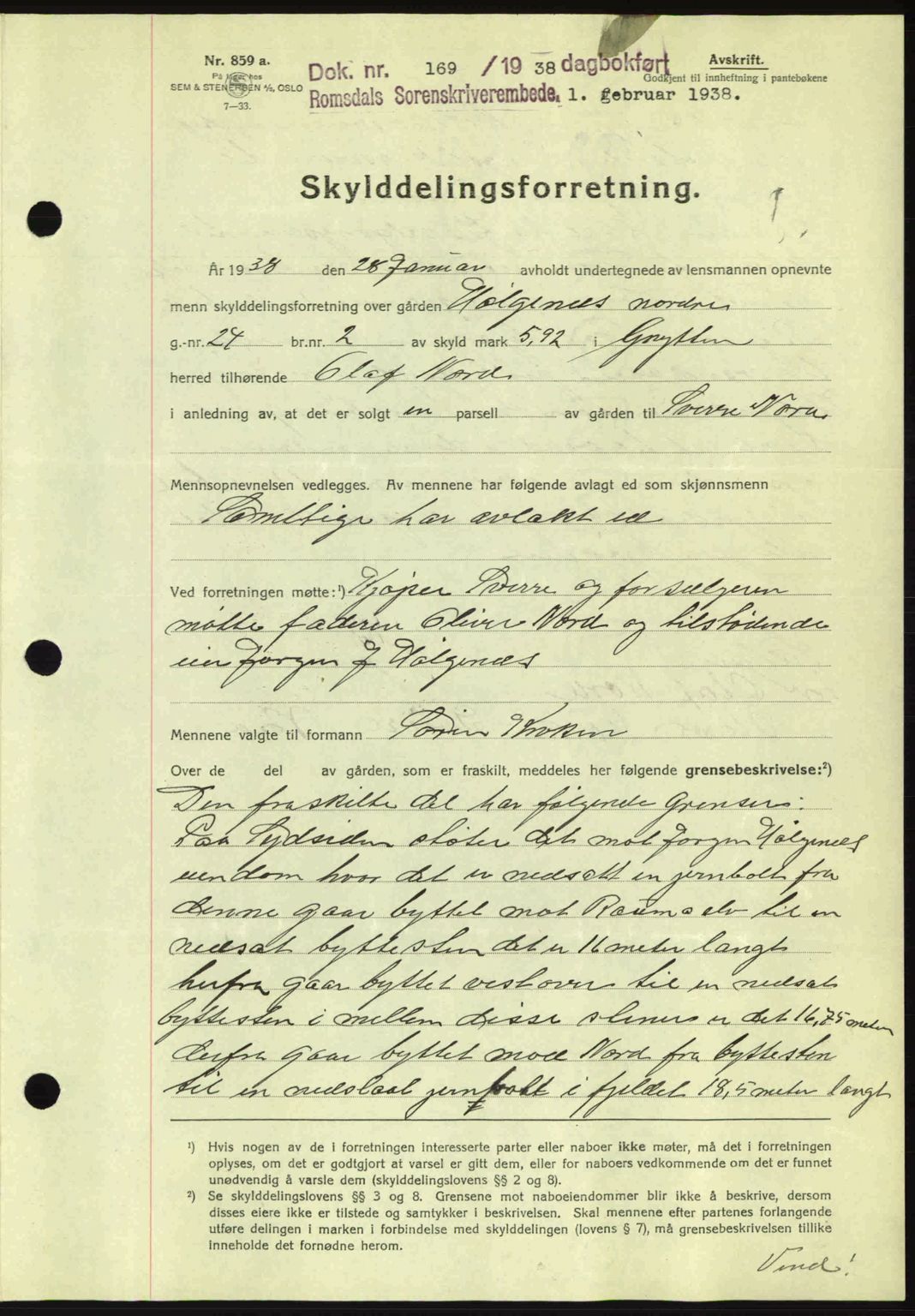 Romsdal sorenskriveri, AV/SAT-A-4149/1/2/2C: Mortgage book no. A4, 1937-1938, Diary no: : 169/1938