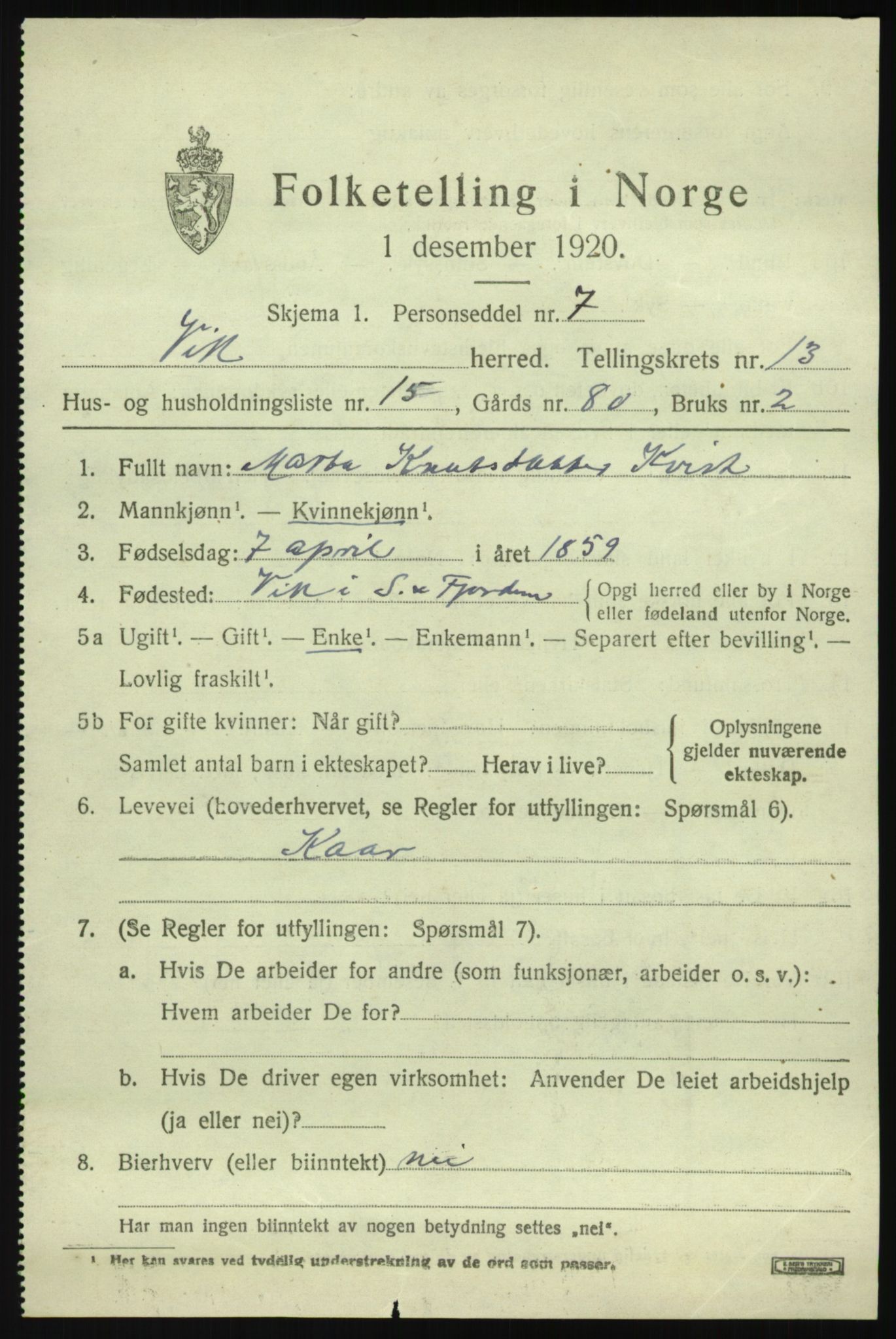 SAB, 1920 census for Vik, 1920, p. 7311