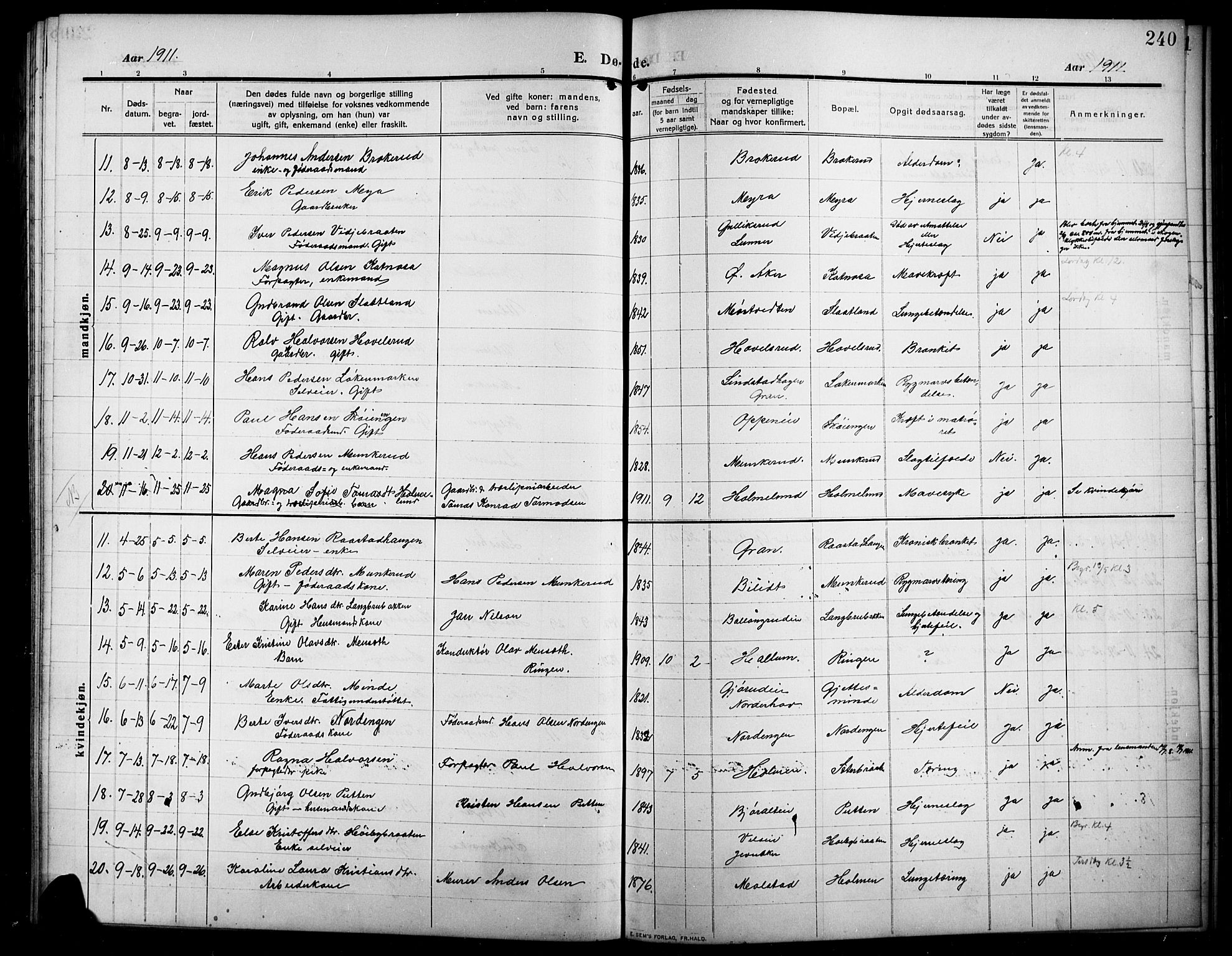 Lunner prestekontor, SAH/PREST-118/H/Ha/Hab/L0001: Parish register (copy) no. 1, 1909-1922, p. 240