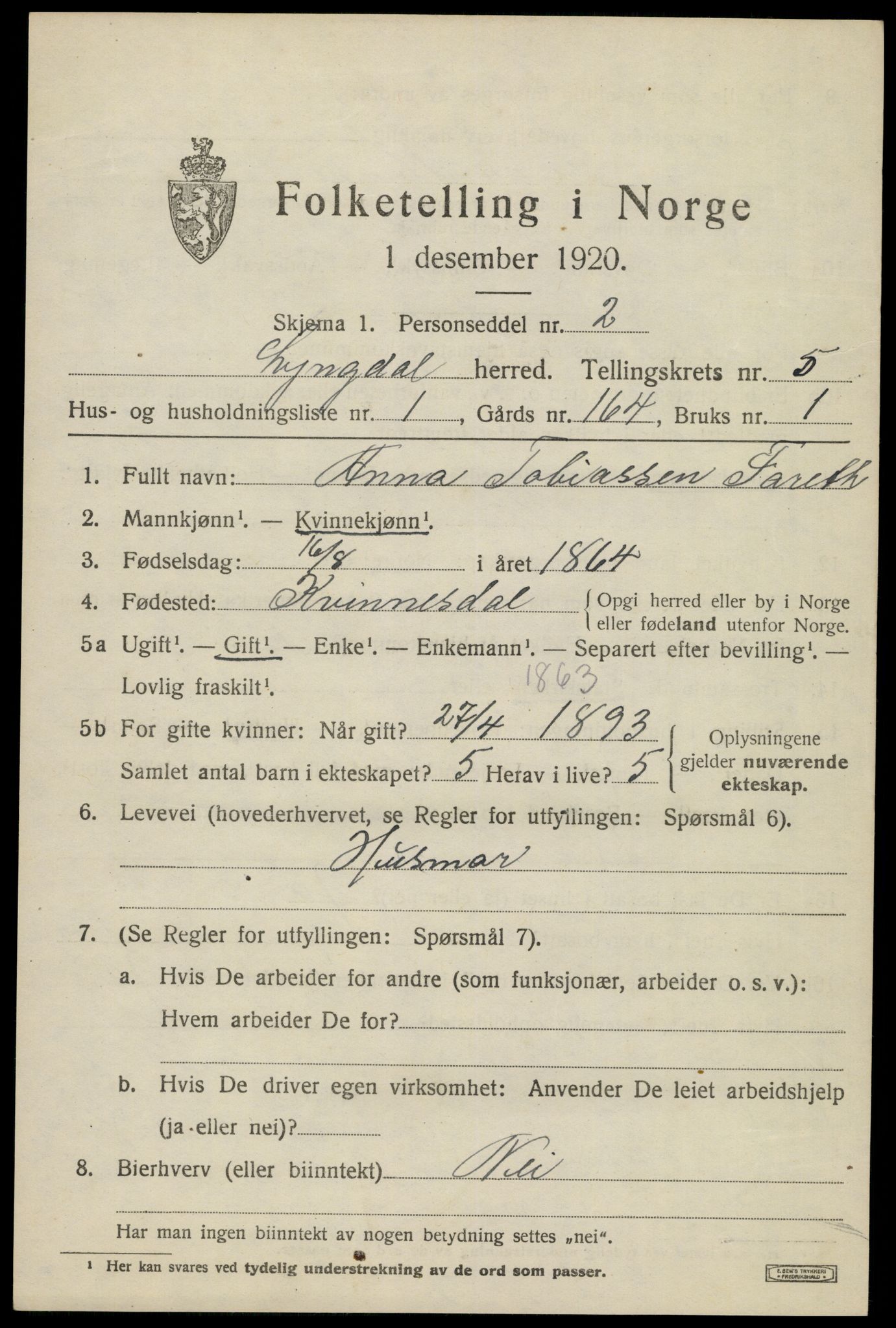 SAK, 1920 census for Lyngdal, 1920, p. 3007