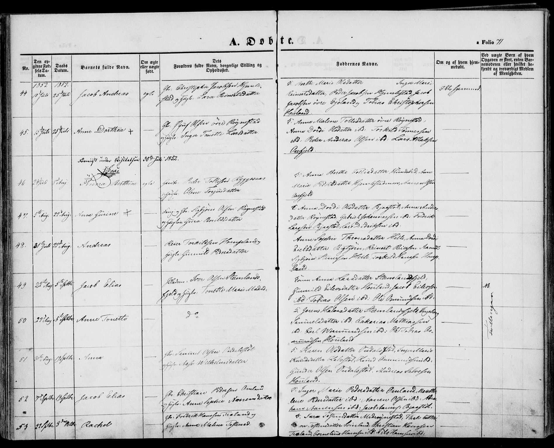 Kvinesdal sokneprestkontor, AV/SAK-1111-0026/F/Fa/Fab/L0005: Parish register (official) no. A 5, 1844-1857, p. 71