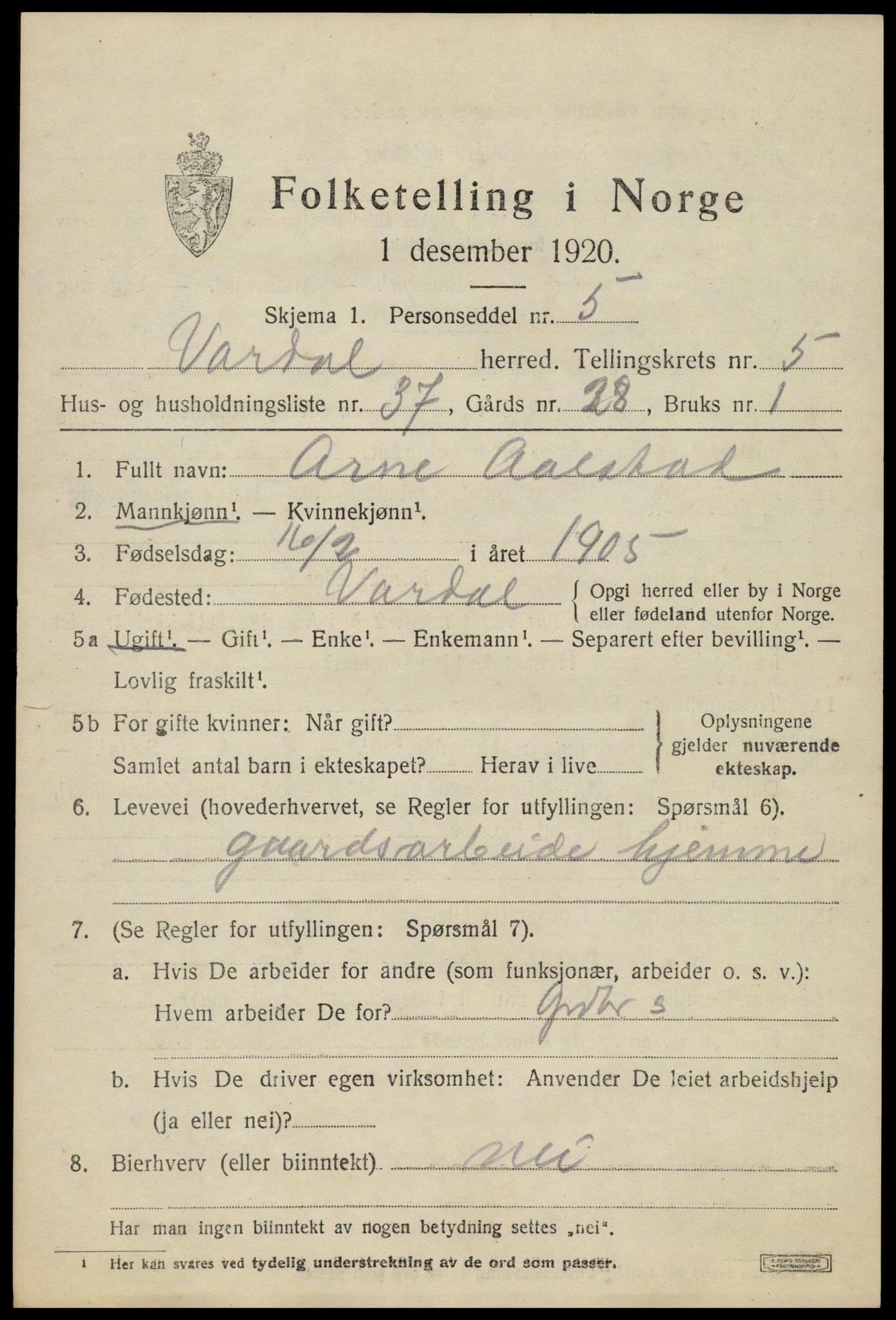 SAH, 1920 census for Vardal, 1920, p. 3497