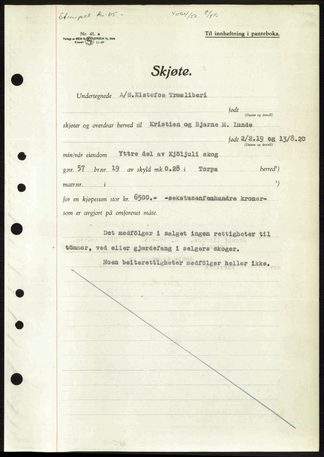 Hadeland og Land tingrett, AV/SAH-TING-010/H/Hb/Hbb/L0103: Mortgage book no. A103, 1950-1950, Diary no: : 4064/1950