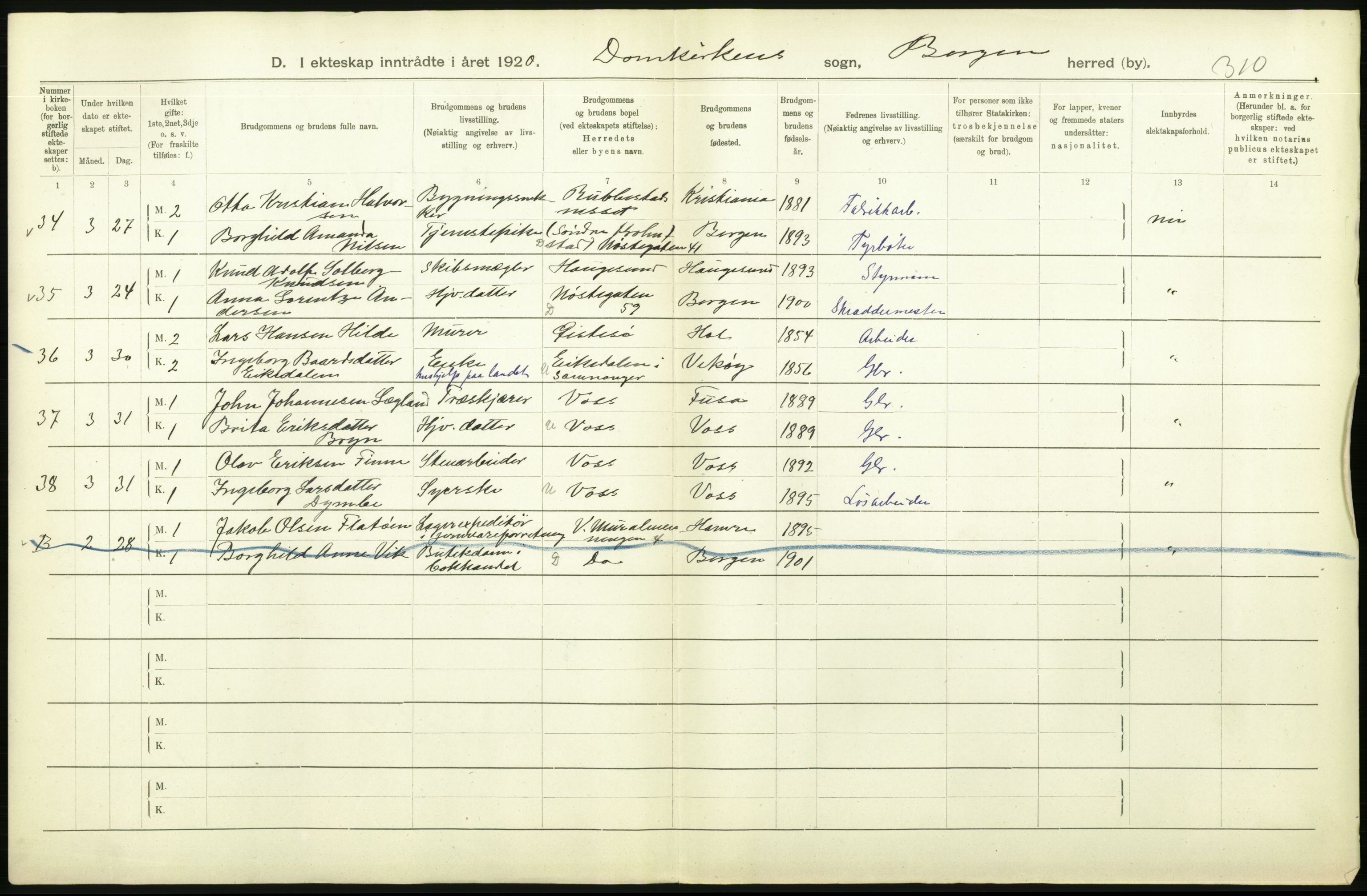 Statistisk sentralbyrå, Sosiodemografiske emner, Befolkning, AV/RA-S-2228/D/Df/Dfb/Dfbj/L0042: Bergen: Gifte, døde, dødfødte., 1920, p. 252