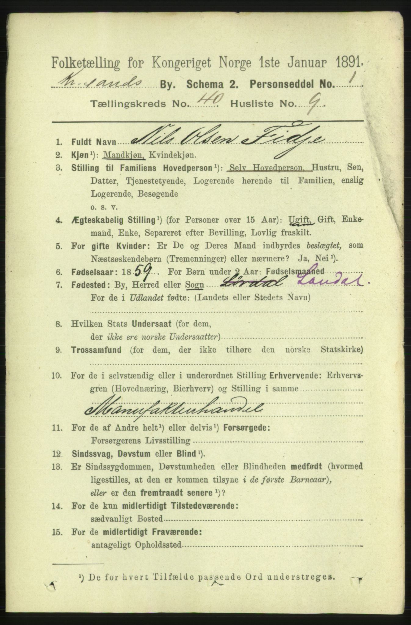 RA, 1891 census for 1001 Kristiansand, 1891, p. 12476