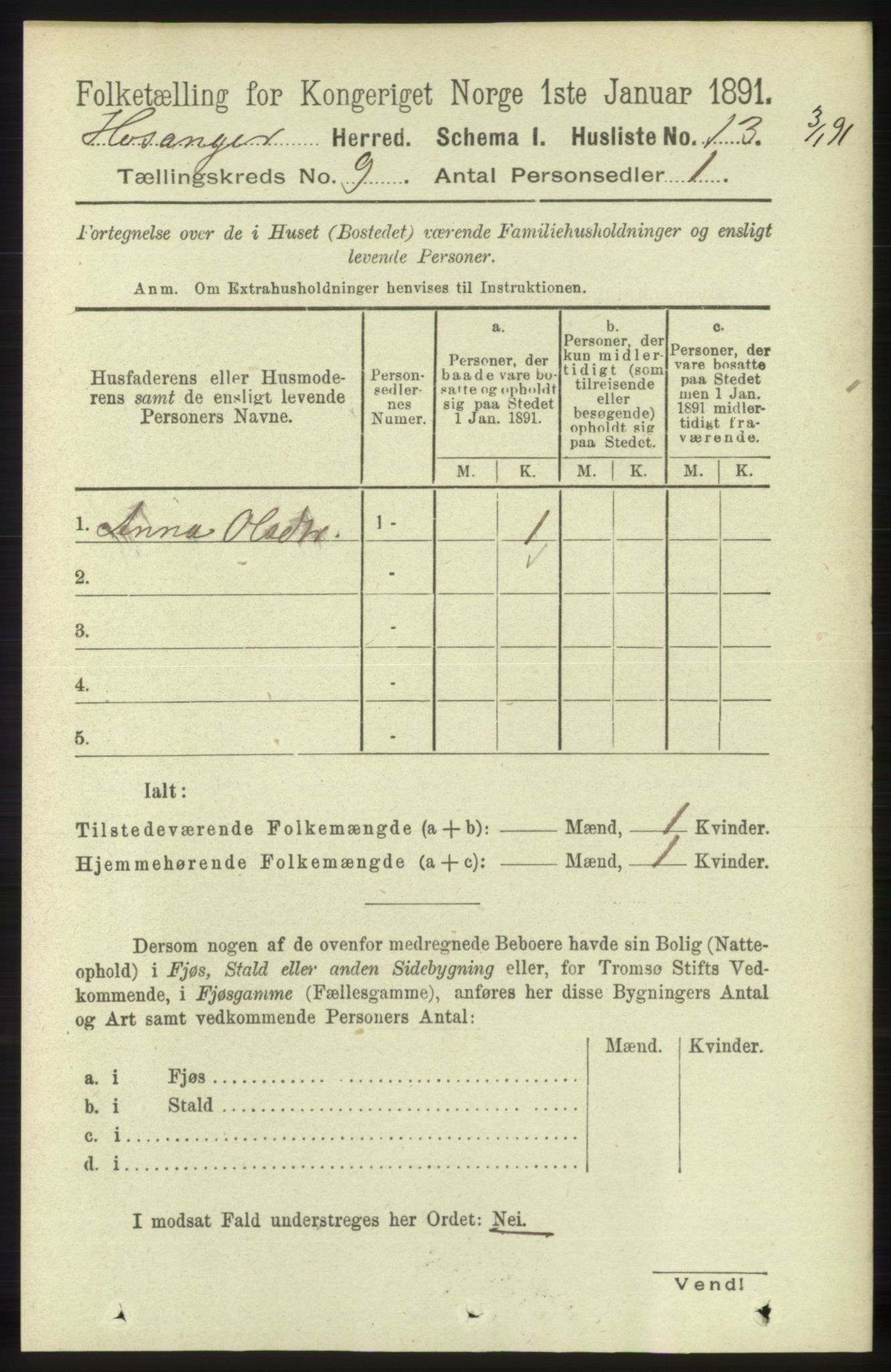 RA, 1891 census for 1253 Hosanger, 1891, p. 3282