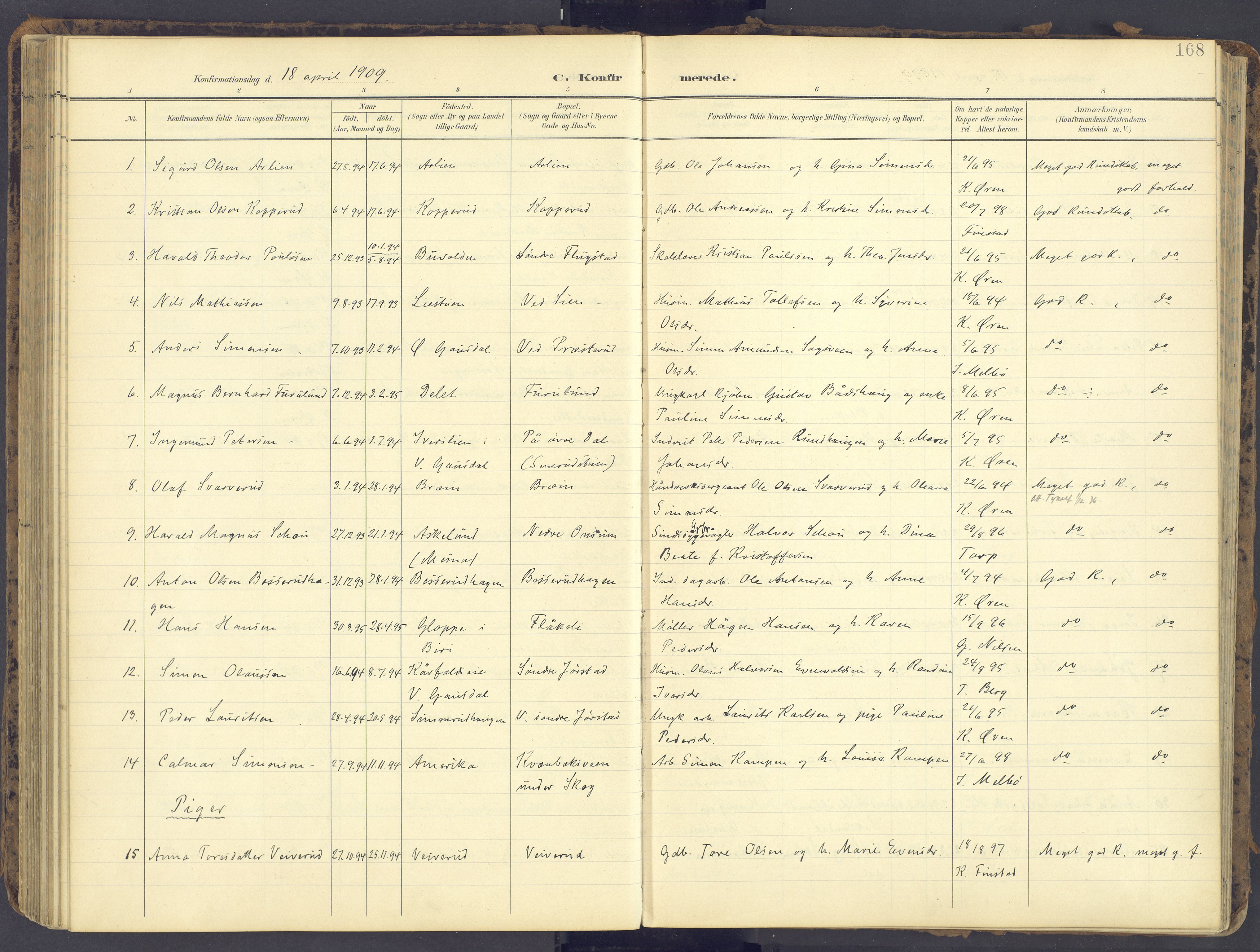 Fåberg prestekontor, AV/SAH-PREST-086/H/Ha/Haa/L0012: Parish register (official) no. 12, 1899-1915, p. 168