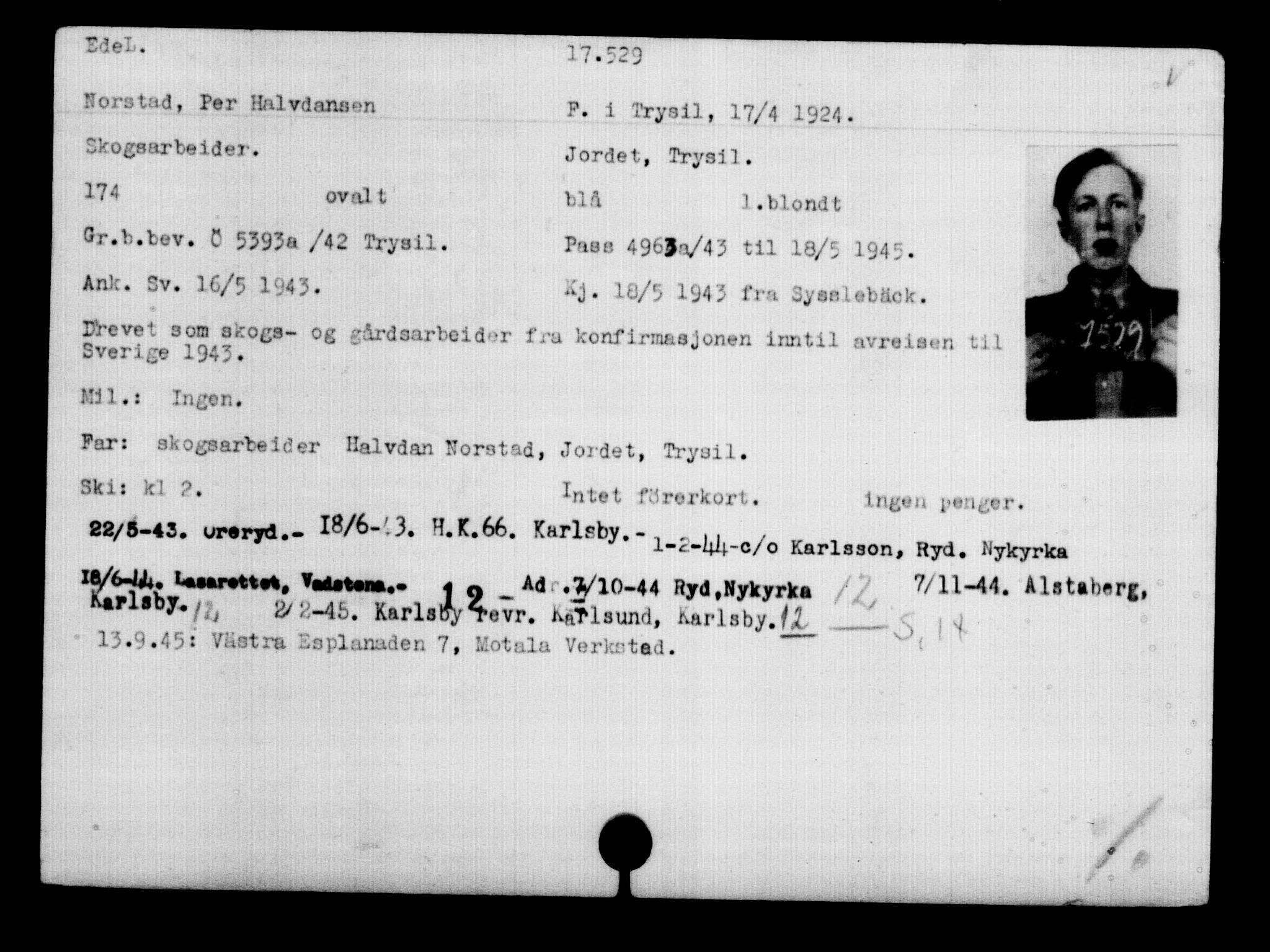 Utenriksstasjonene, Legasjonen i Stockholm, Flyktningkontoret, AV/RA-S-6753/V/Va/L0008: Kjesäterkartoteket, flyktninger med registreringsnr. 15700-18547, 1940-1945, p. 2023