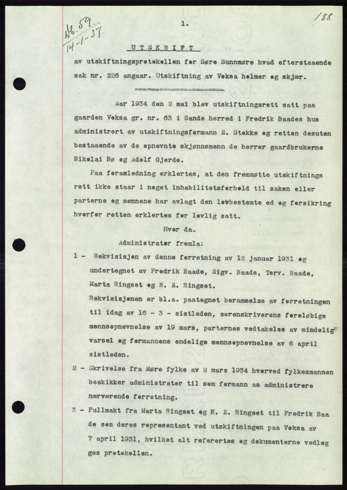 Søre Sunnmøre sorenskriveri, AV/SAT-A-4122/1/2/2C/L0062: Mortgage book no. 56, 1936-1937, Diary no: : 59/1937