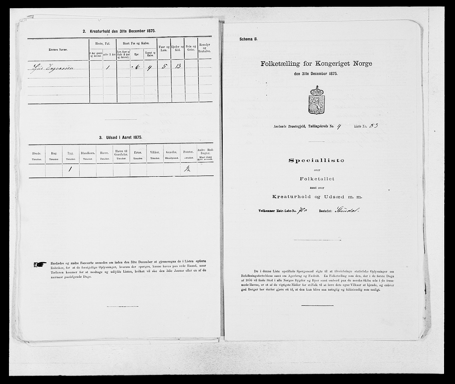 SAB, 1875 census for 1421P Aurland, 1875, p. 520