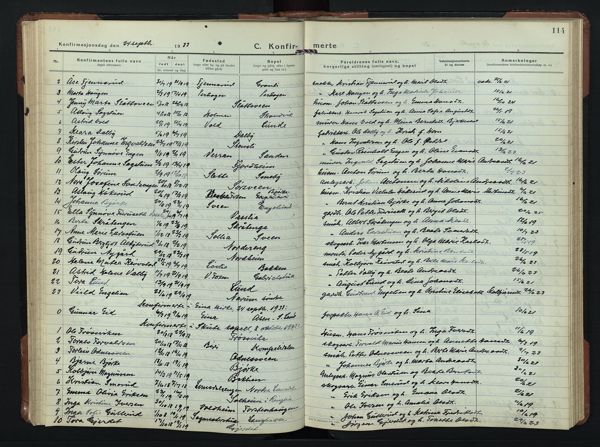 Søndre Land prestekontor, SAH/PREST-122/L/L0009: Parish register (copy) no. 9, 1933-1954, p. 114