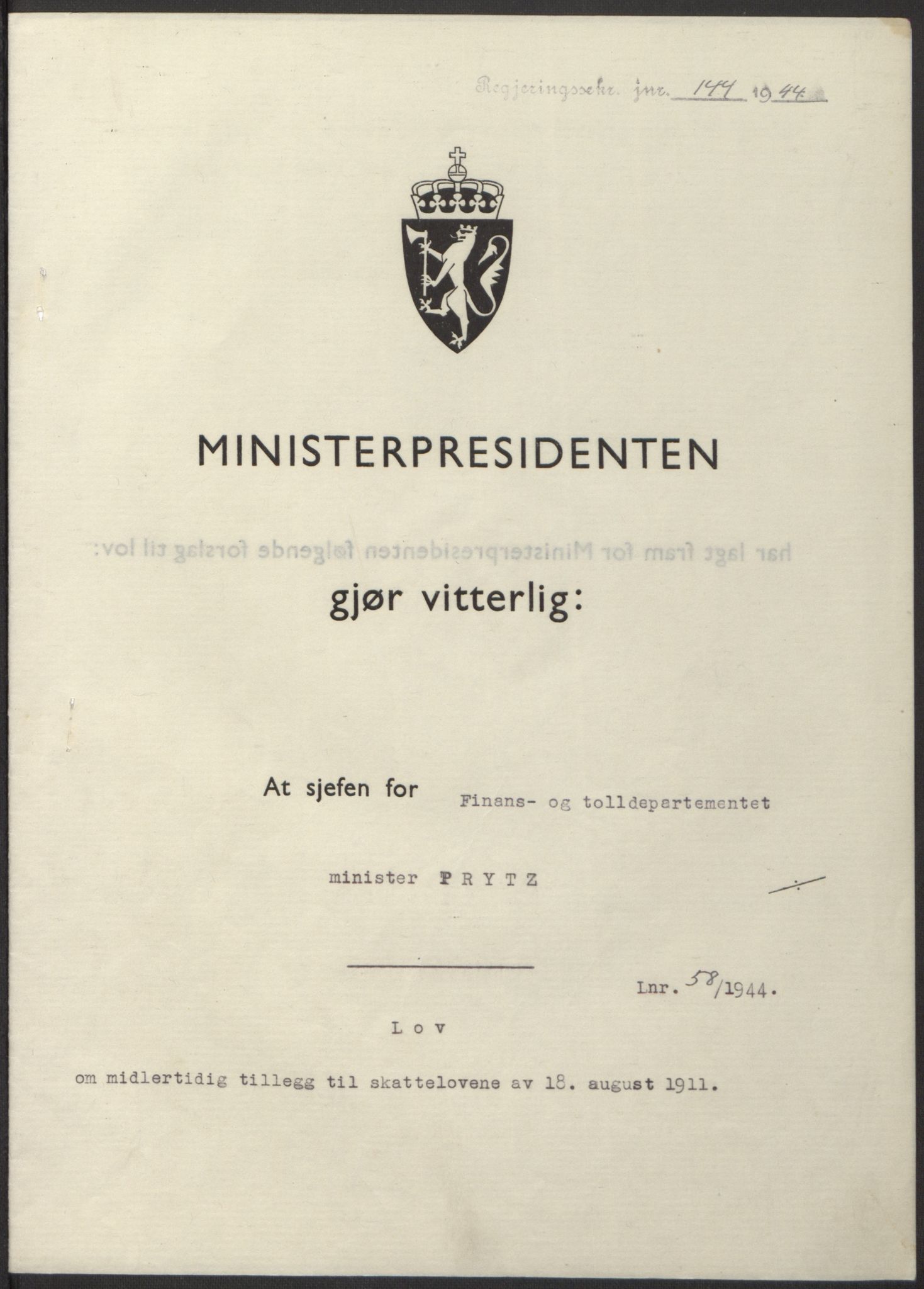 NS-administrasjonen 1940-1945 (Statsrådsekretariatet, de kommisariske statsråder mm), RA/S-4279/D/Db/L0100: Lover, 1944, p. 272