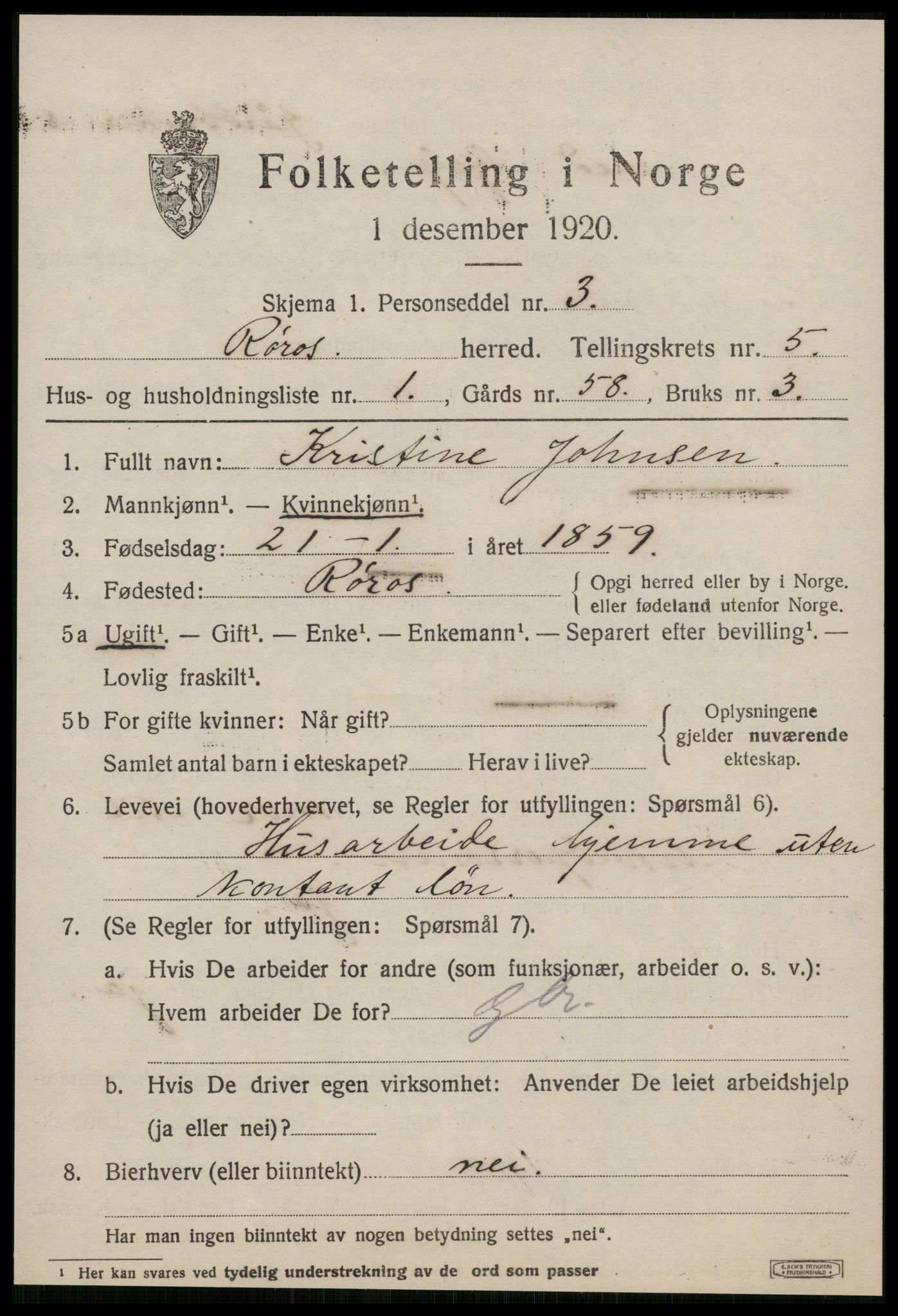 SAT, 1920 census for Røros, 1920, p. 5556