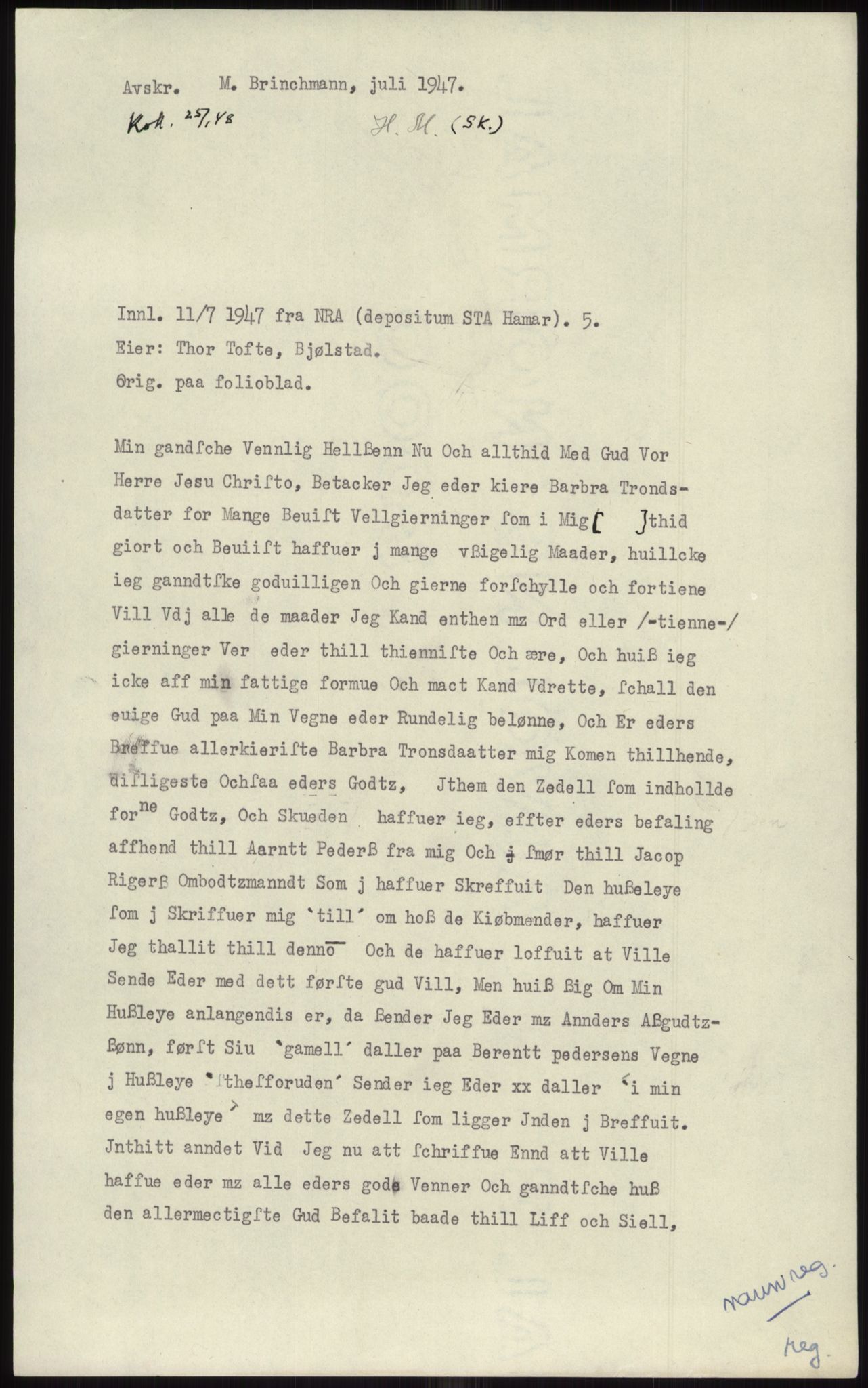 Samlinger til kildeutgivelse, Diplomavskriftsamlingen, AV/RA-EA-4053/H/Ha, p. 245