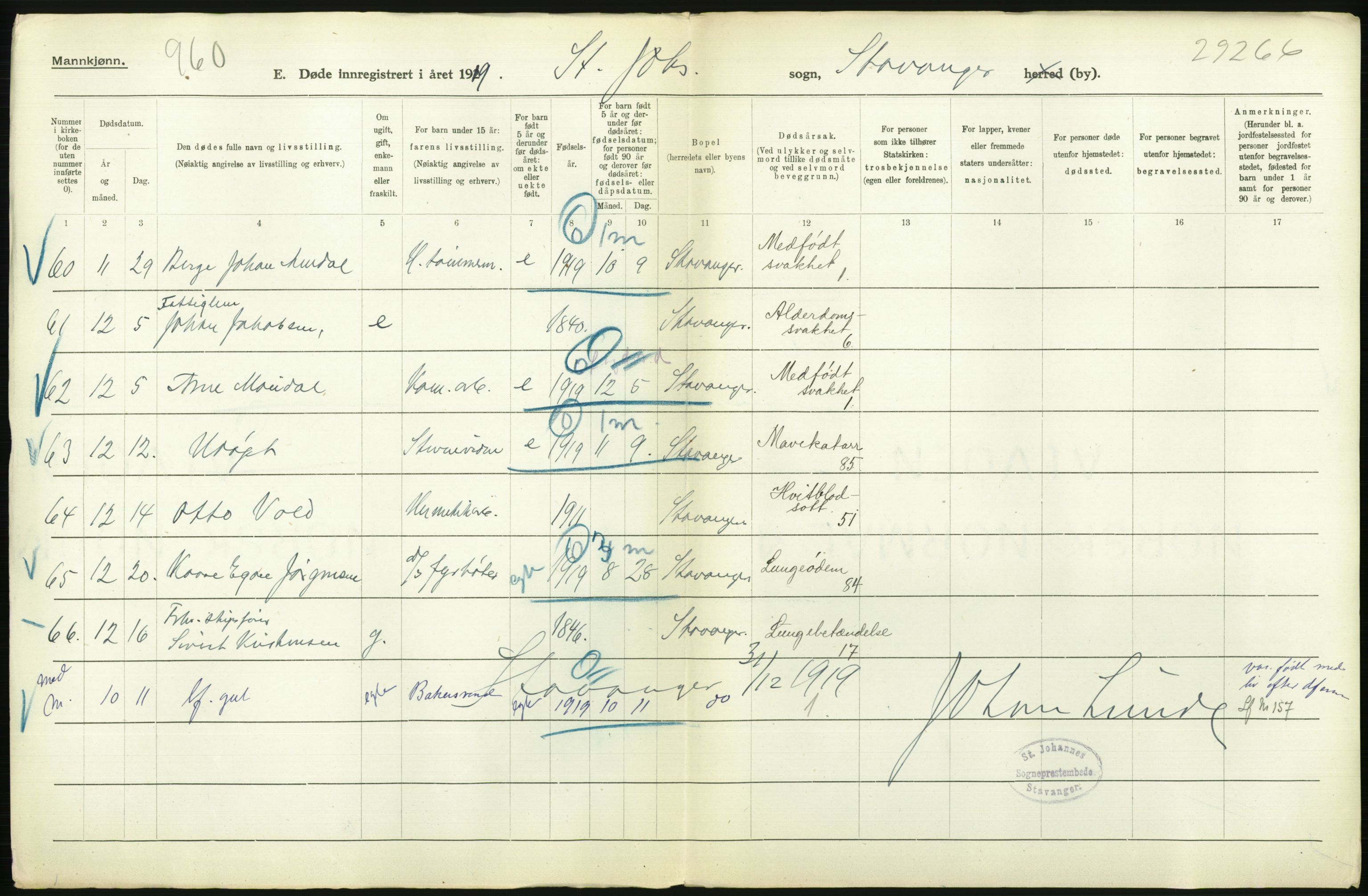 Statistisk sentralbyrå, Sosiodemografiske emner, Befolkning, AV/RA-S-2228/D/Df/Dfb/Dfbi/L0030: Rogaland fylke: Døde. Bygder og byer., 1919, p. 432