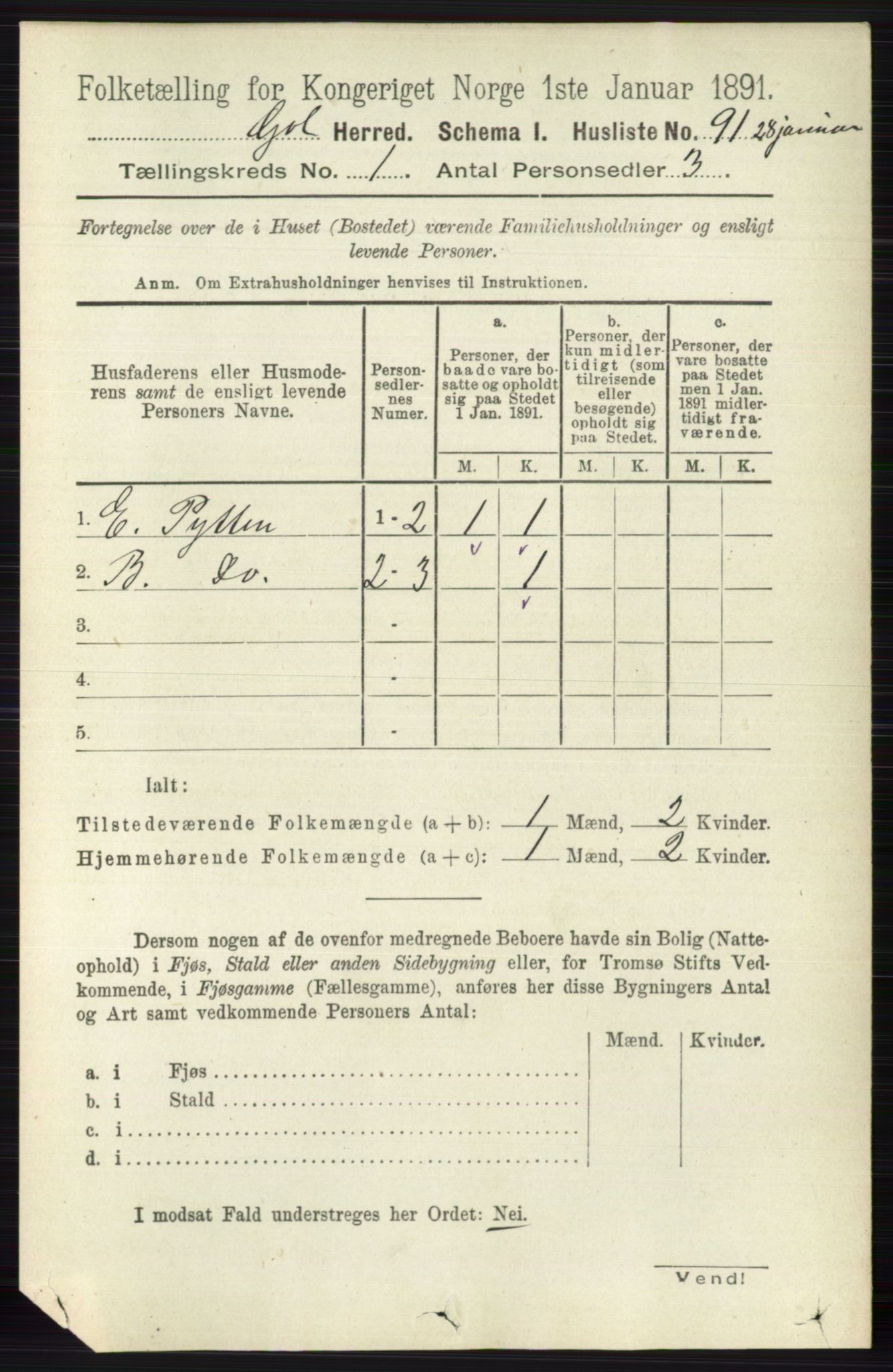 RA, 1891 census for 0617 Gol og Hemsedal, 1891, p. 118