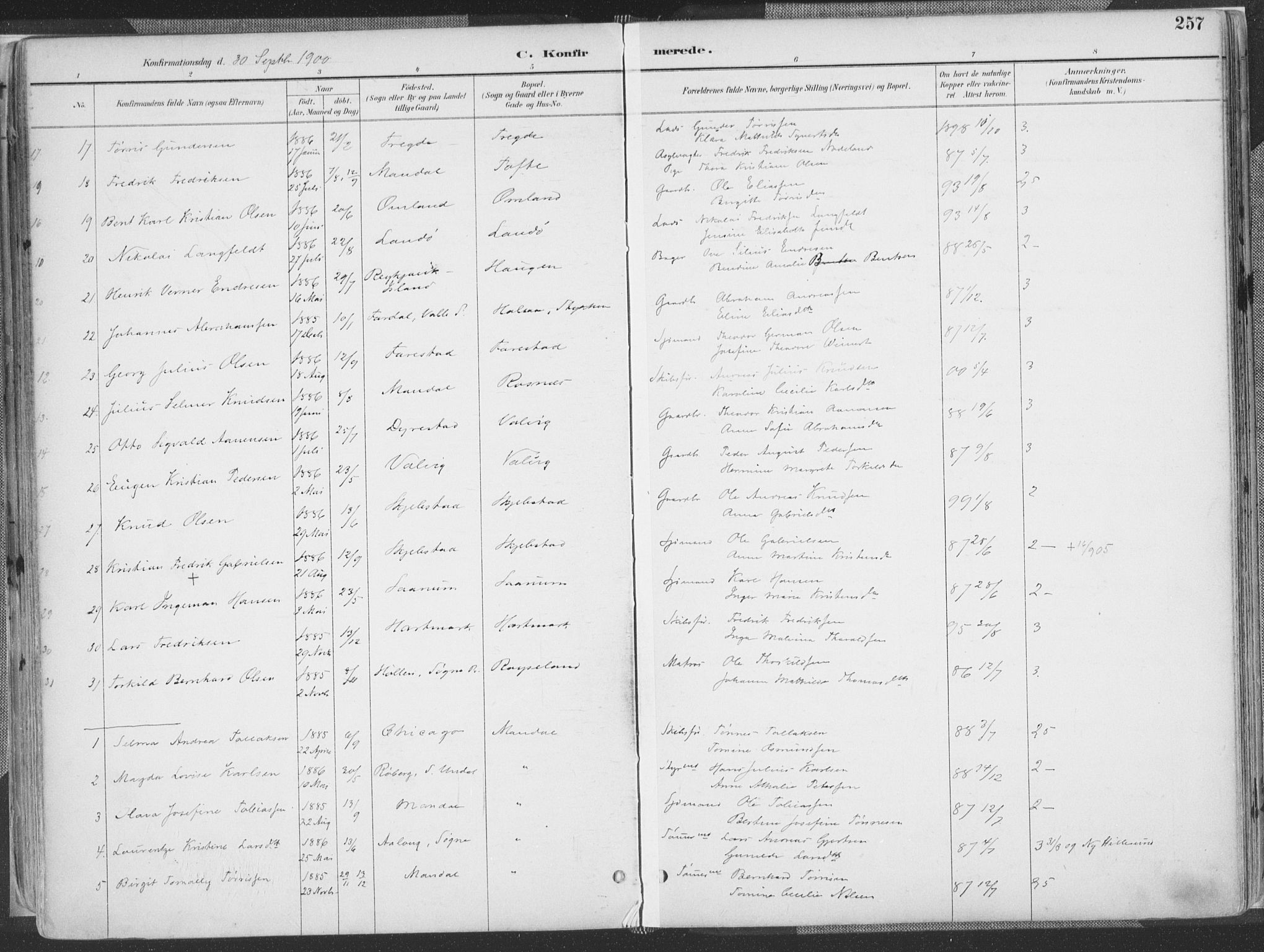 Mandal sokneprestkontor, AV/SAK-1111-0030/F/Fa/Faa/L0018: Parish register (official) no. A 18, 1890-1905, p. 257