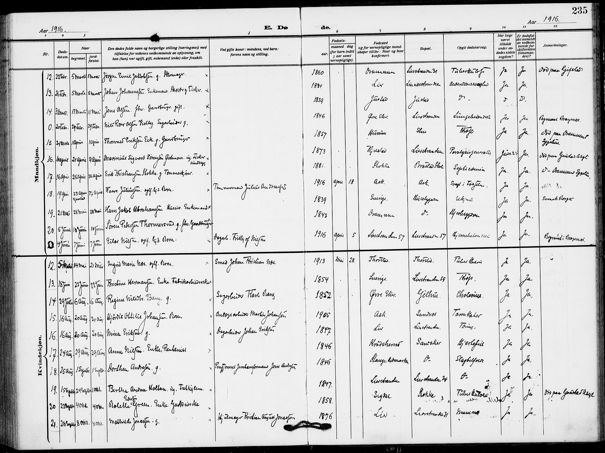 Lier kirkebøker, AV/SAKO-A-230/F/Fa/L0018: Parish register (official) no. I 18, 1909-1917, p. 235