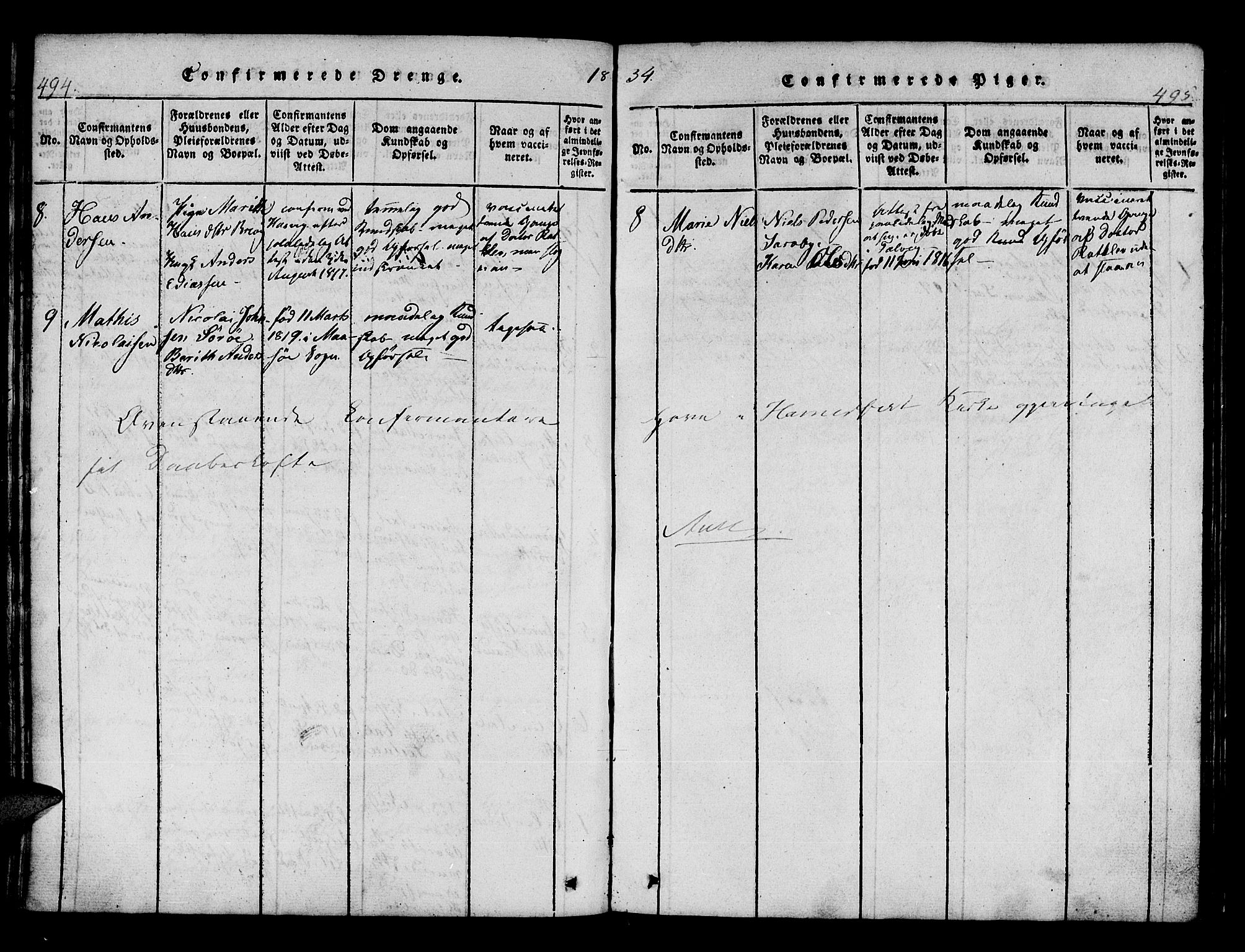 Hammerfest sokneprestkontor, AV/SATØ-S-1347/H/Ha/L0003.kirke: Parish register (official) no. 3, 1821-1842, p. 494-495