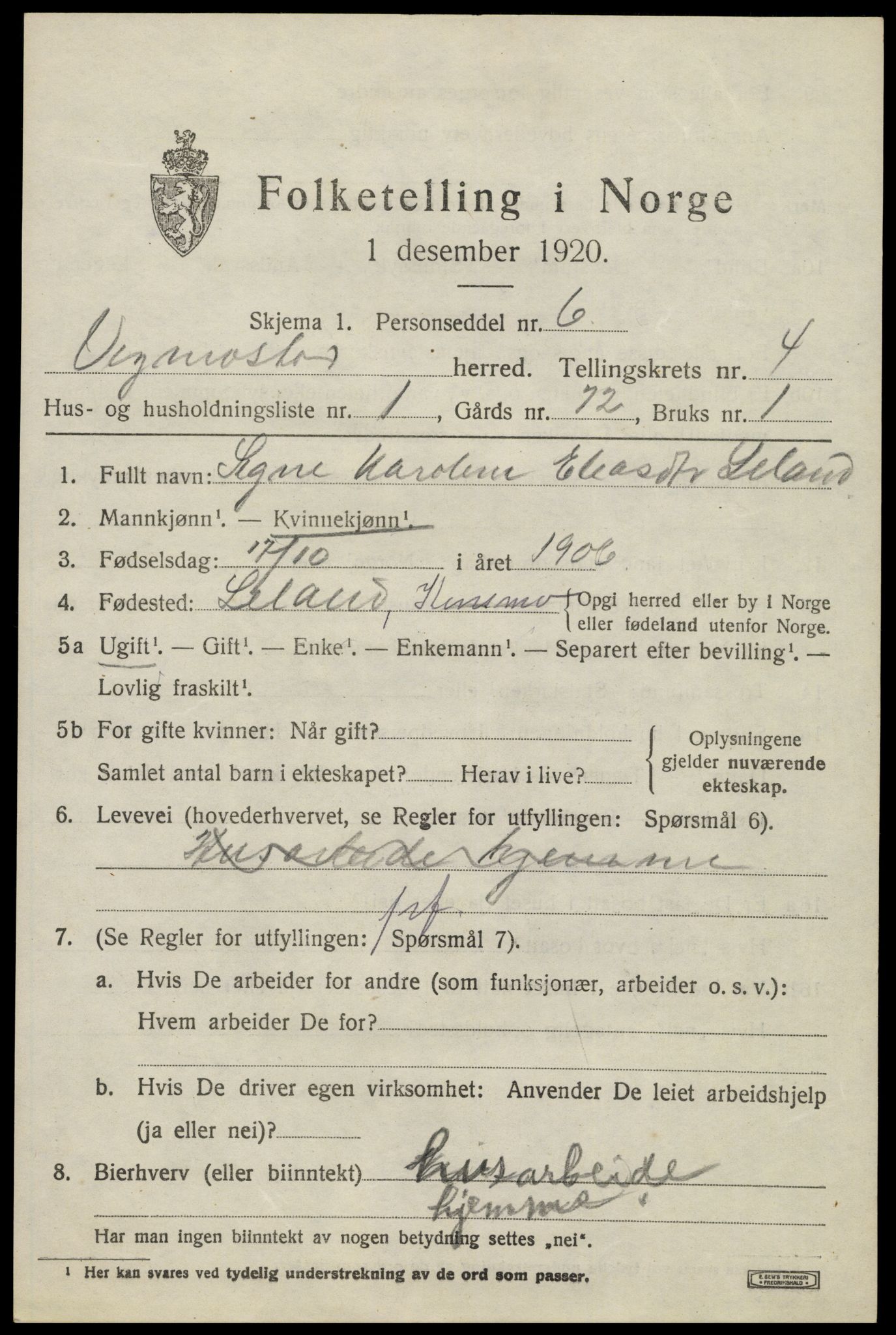 SAK, 1920 census for Vigmostad, 1920, p. 1183