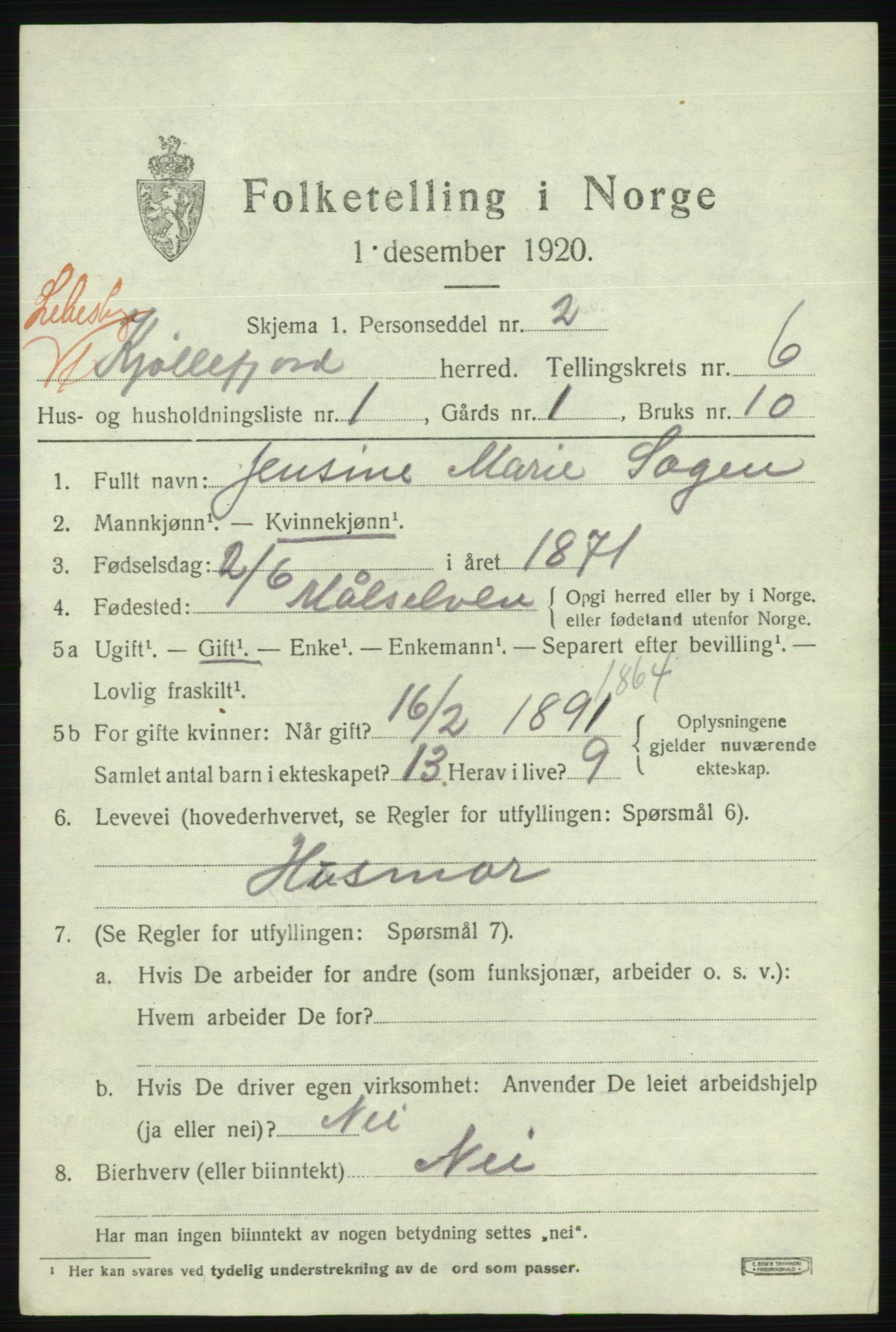 SATØ, 1920 census for Lebesby, 1920, p. 3015