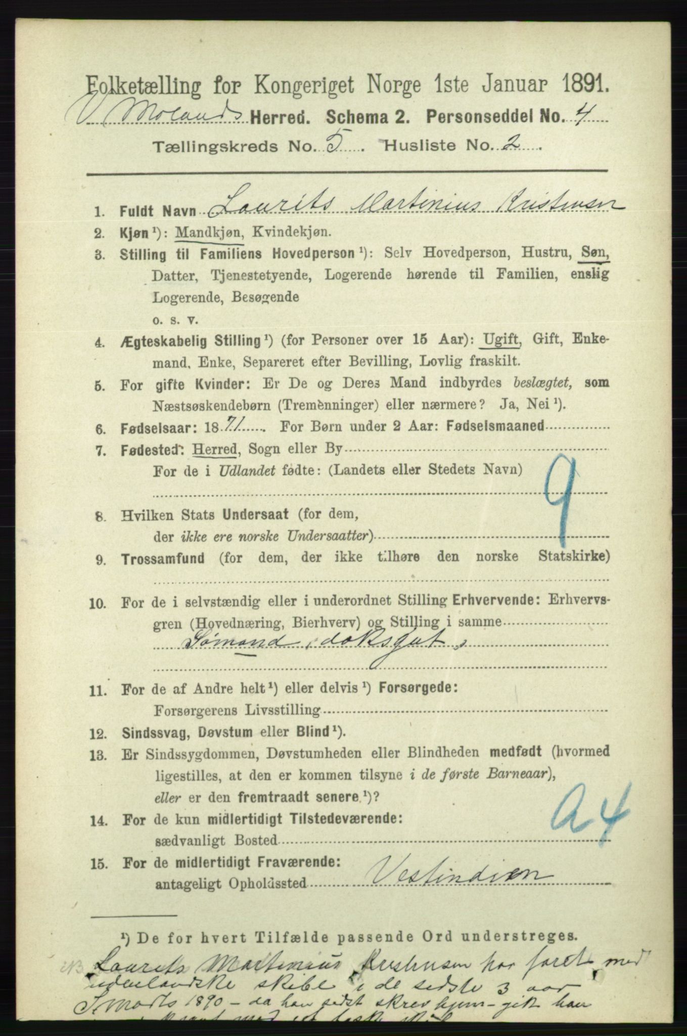 RA, 1891 census for 0926 Vestre Moland, 1891, p. 1850