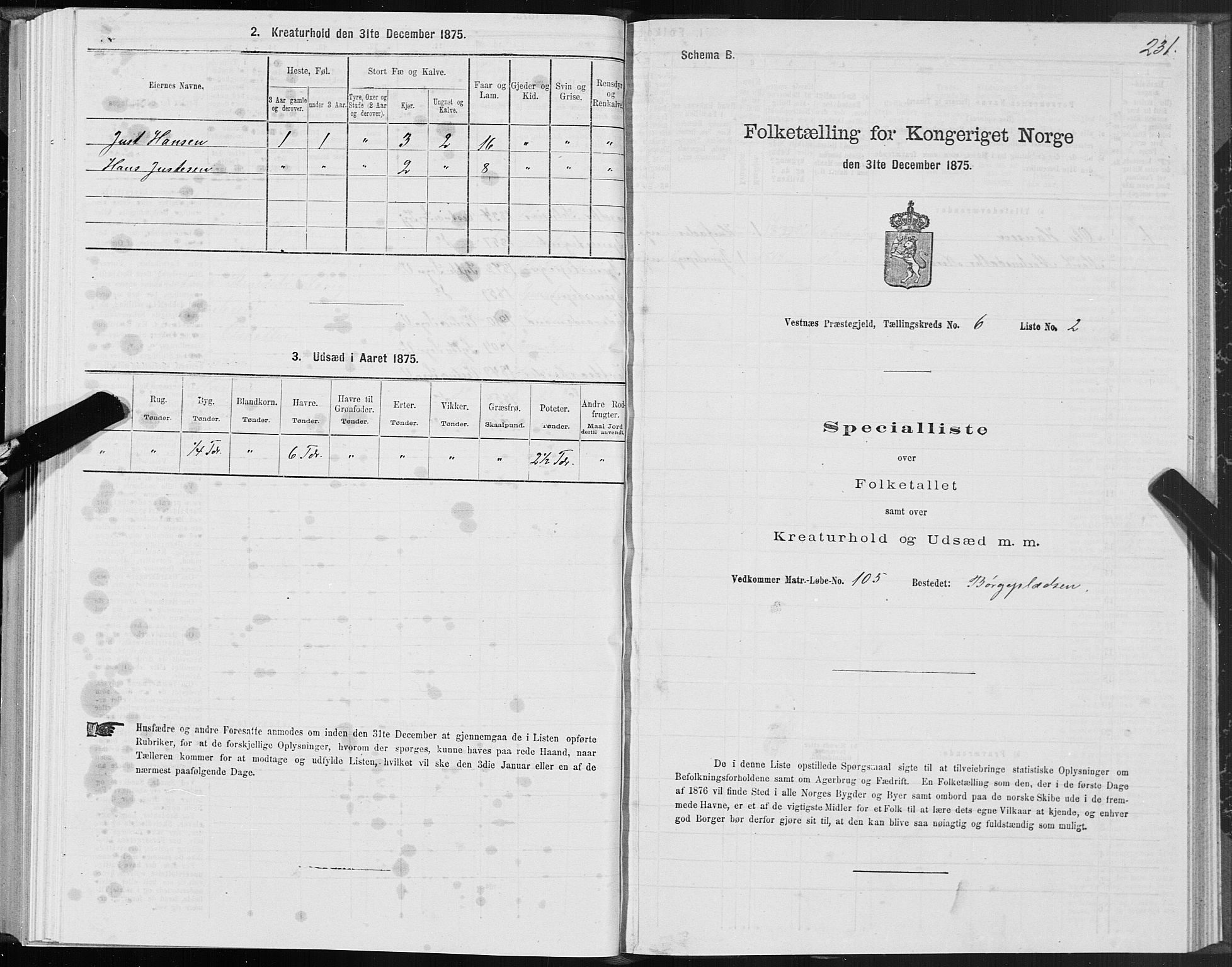 SAT, 1875 census for 1535P Vestnes, 1875, p. 2231