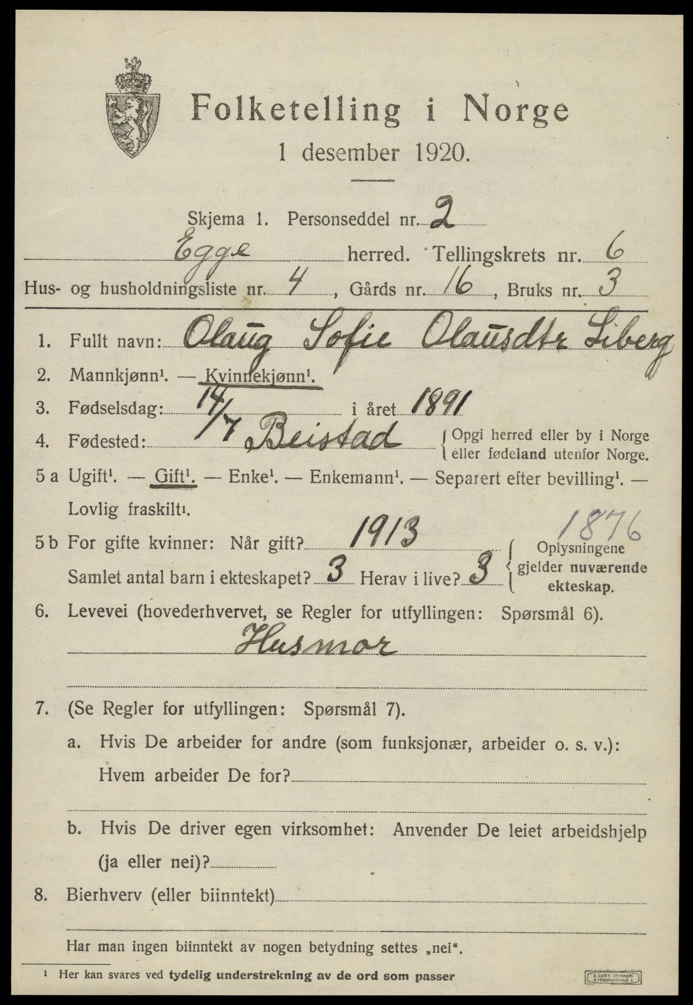 SAT, 1920 census for Egge, 1920, p. 3864