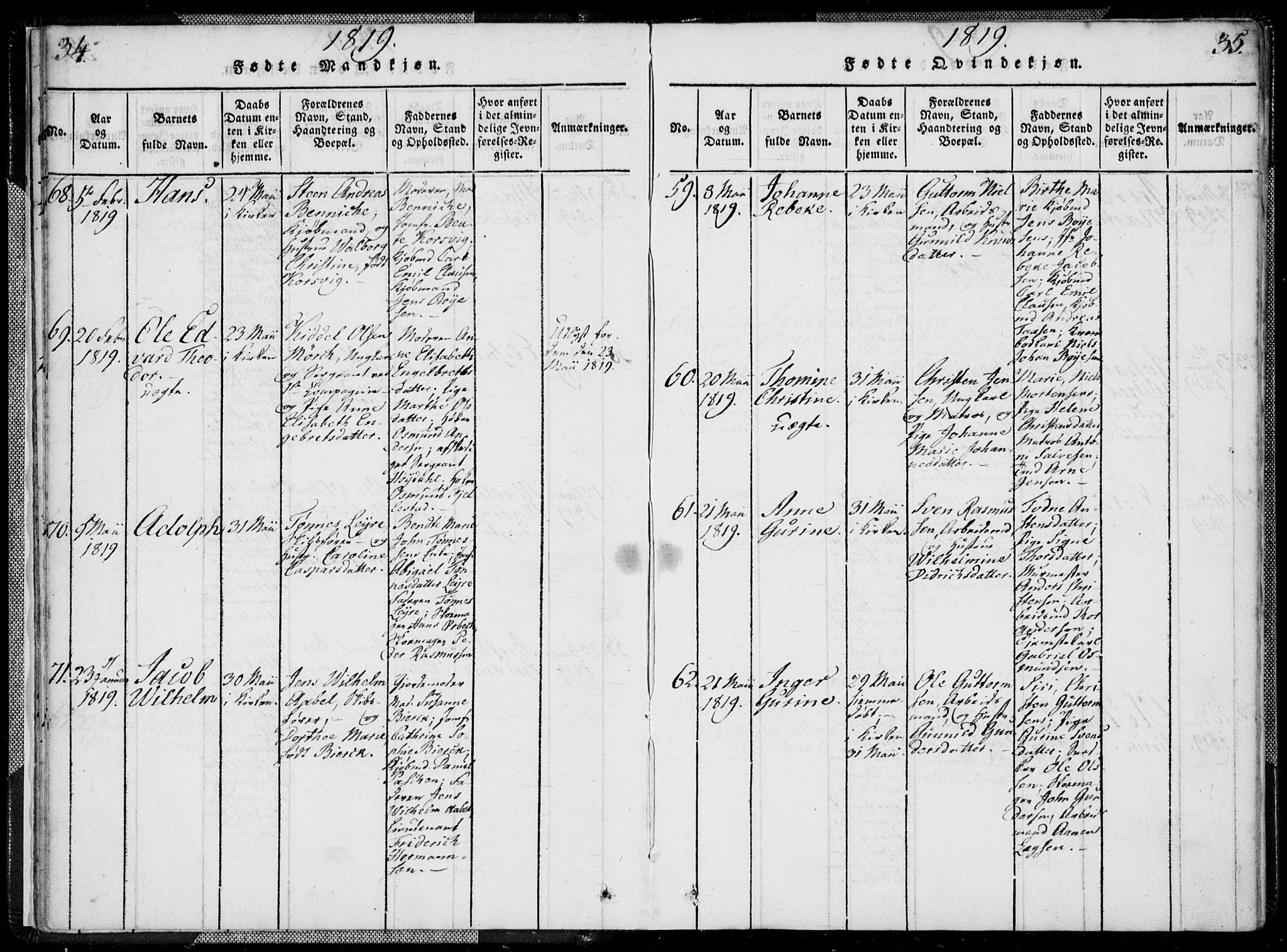 Kristiansand domprosti, AV/SAK-1112-0006/F/Fa/L0008: Parish register (official) no. A 8, 1818-1821, p. 34-35