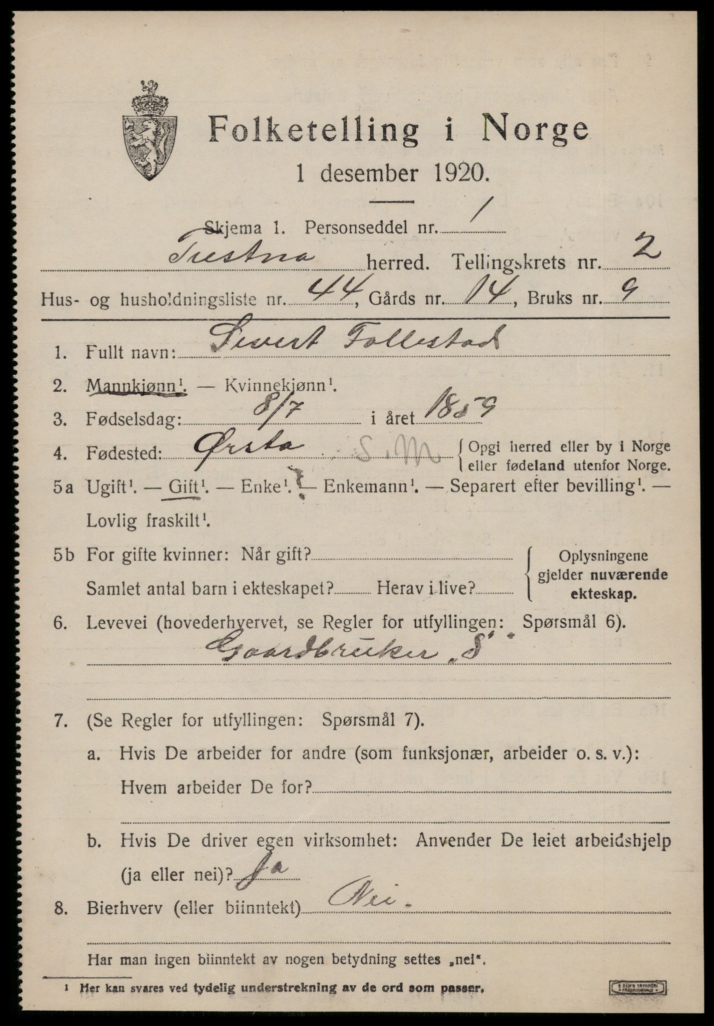 SAT, 1920 census for Tustna, 1920, p. 1433