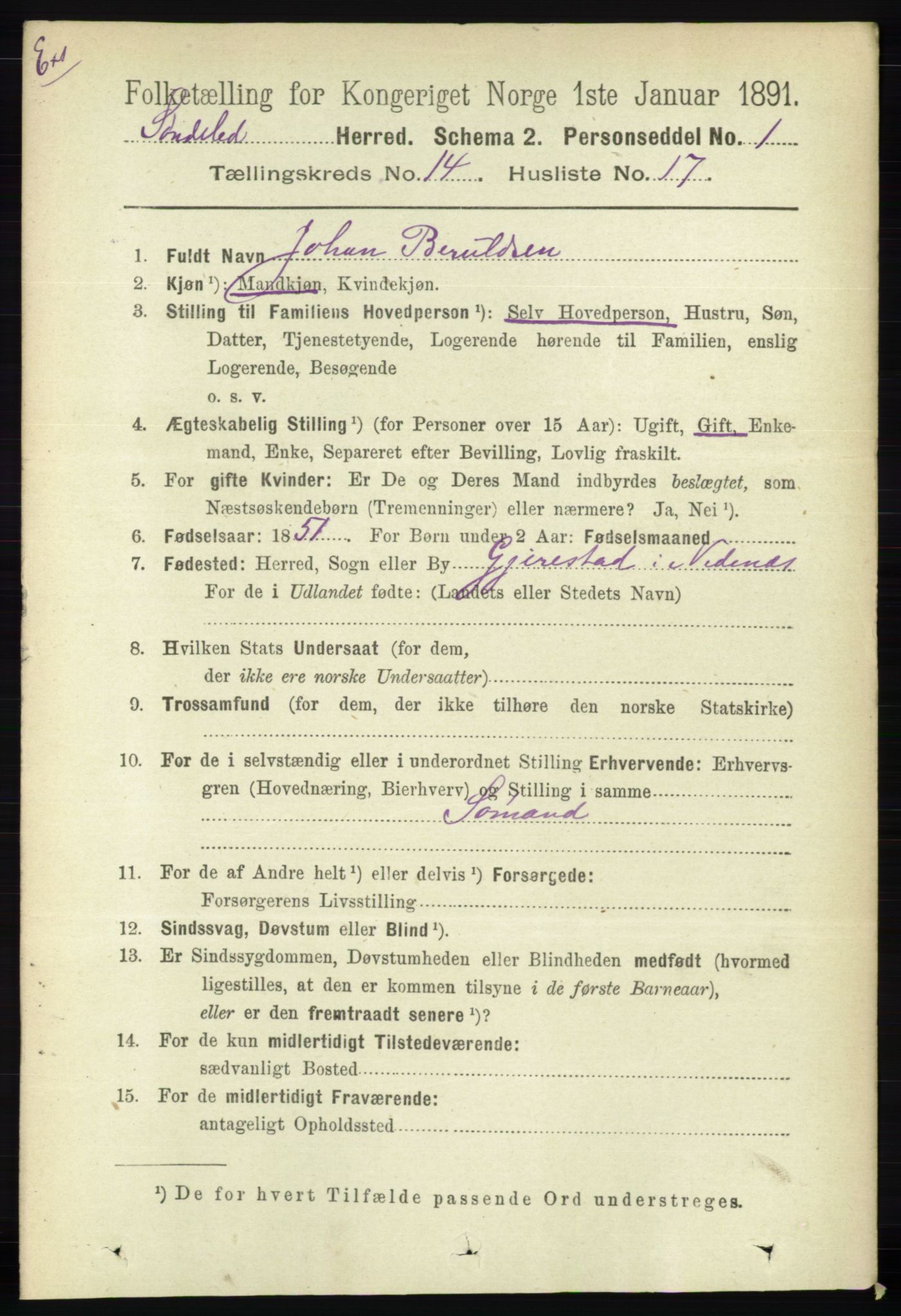 RA, Census 1891 for Nedenes amt: Gjenparter av personsedler for beslektede ektefeller, menn, 1891, p. 165