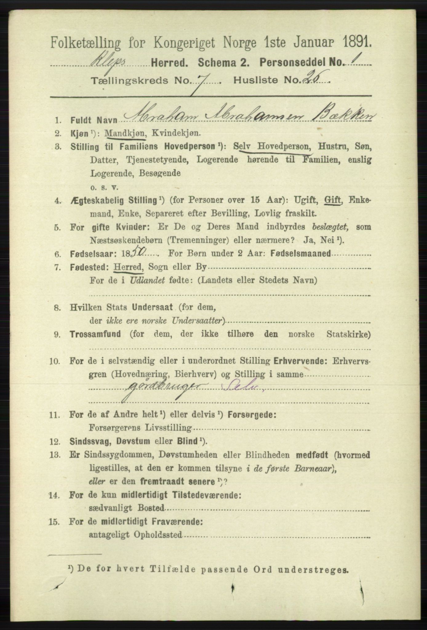 RA, 1891 census for 1120 Klepp, 1891, p. 2284