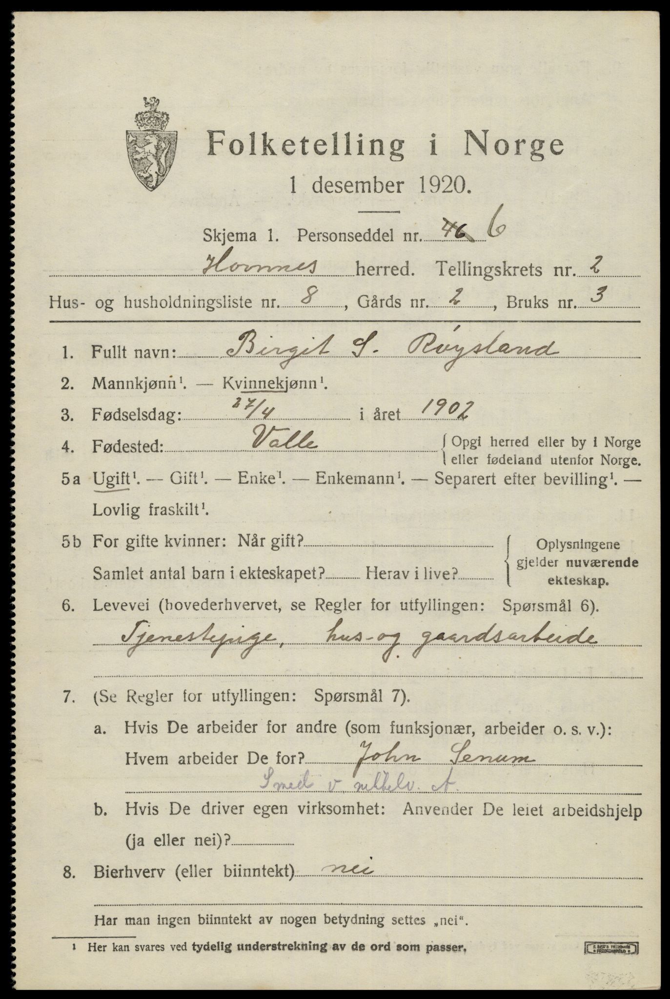 SAK, 1920 census for Hornnes, 1920, p. 791