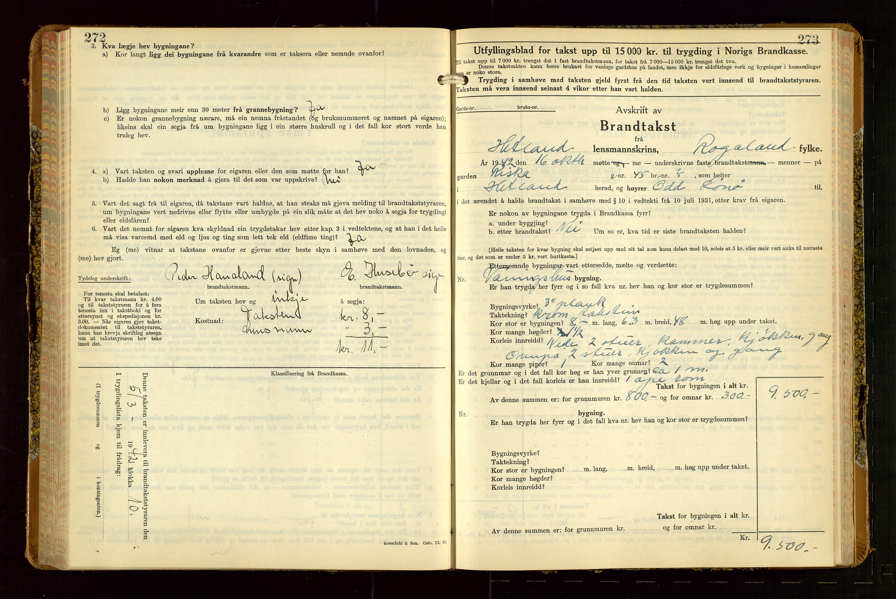 Hetland lensmannskontor, AV/SAST-A-100101/Gob/L0007: "Brandtakstbok", 1939-1949, p. 272-273