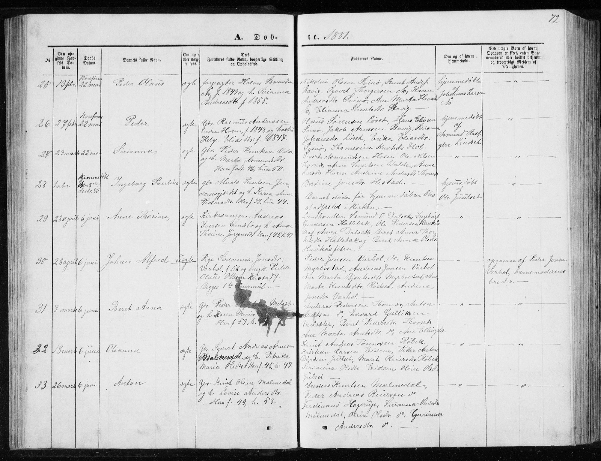 Ministerialprotokoller, klokkerbøker og fødselsregistre - Møre og Romsdal, SAT/A-1454/565/L0754: Parish register (copy) no. 565C03, 1870-1896, p. 72
