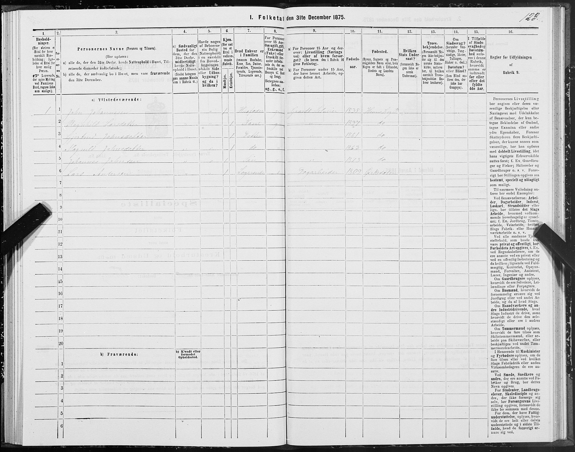 SAT, 1875 census for 1612P Hemne, 1875, p. 1123