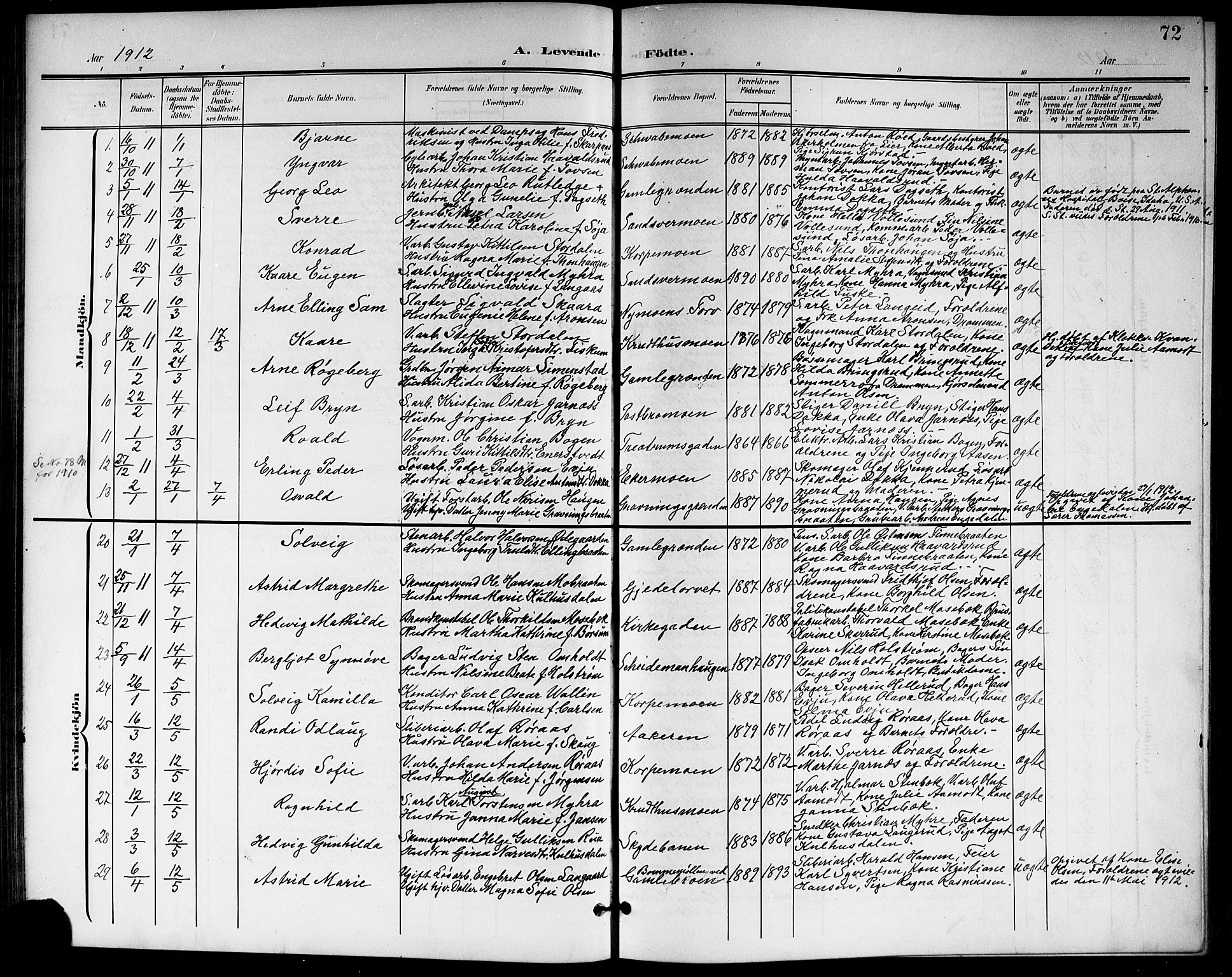 Kongsberg kirkebøker, SAKO/A-22/G/Ga/L0007: Parish register (copy) no. 7, 1901-1915, p. 72