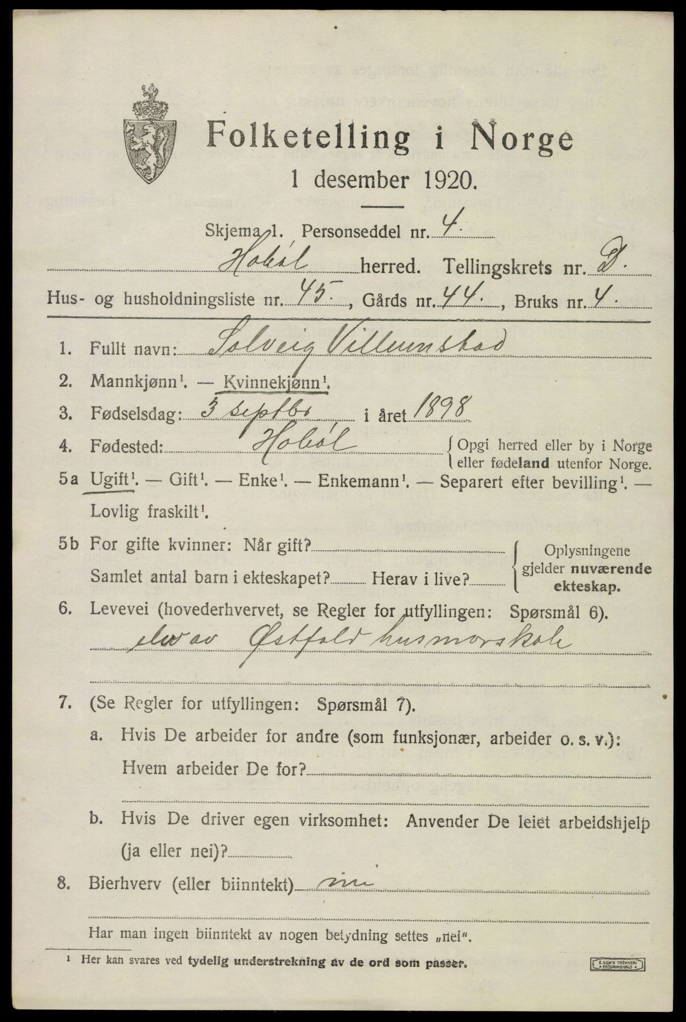 SAO, 1920 census for Hobøl, 1920, p. 3388