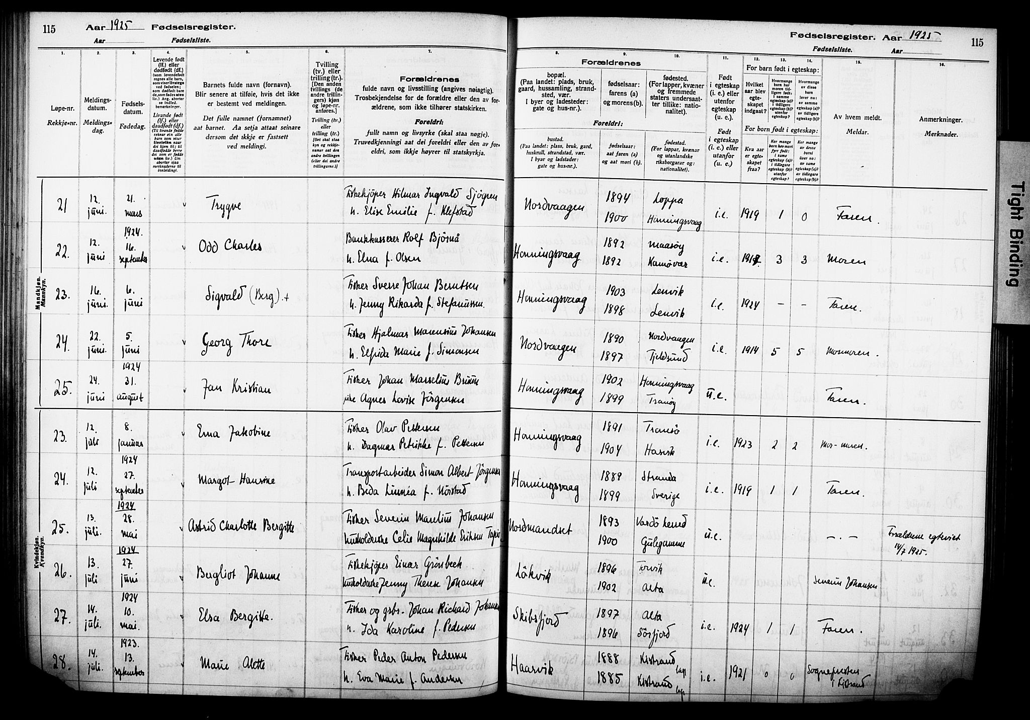 Kjelvik/Nordkapp sokneprestkontor, AV/SATØ-S-1350/I/Ia/L0015: Birth register no. 15, 1916-1930, p. 115